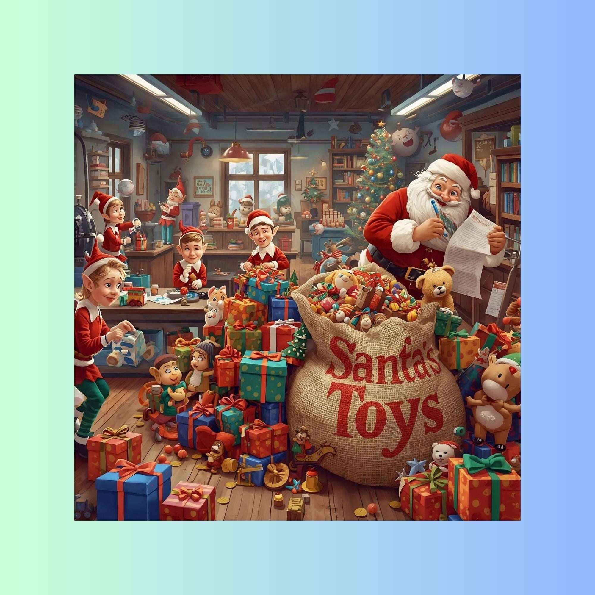 Santa Claus Workshop Wall Art Printable Christmas Scene North Pole Toy Making Illustration Festive Holiday Decor Digital Download