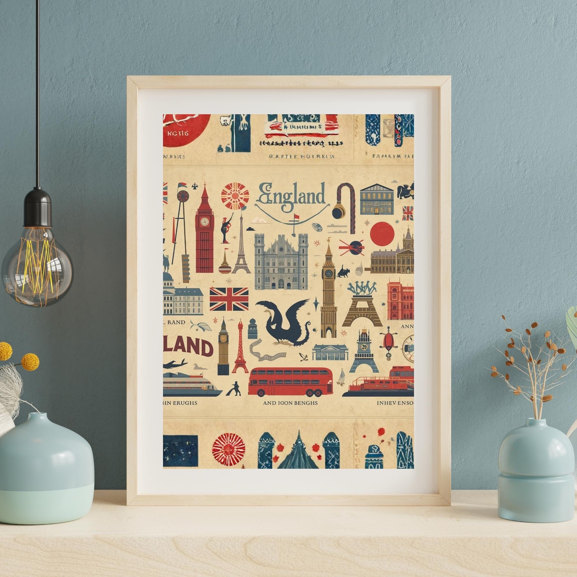 Vintage England Illustration Wall Art Printable British Landmarks Travel Poster Classic UK Countryside Decor Digital Download