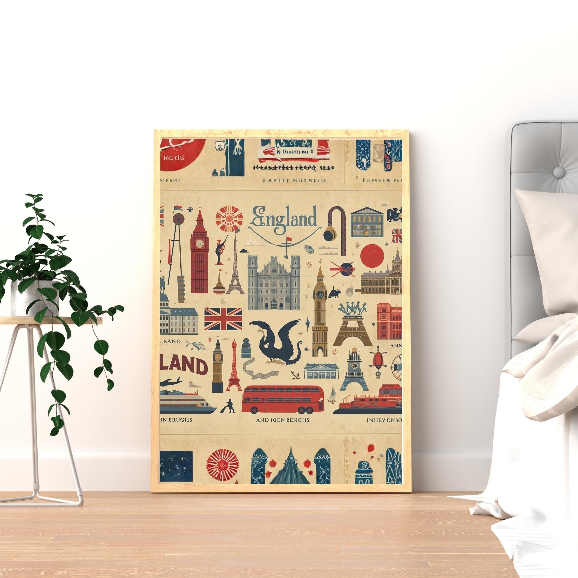 Vintage England Illustration Wall Art Printable British Landmarks Travel Poster Classic UK Countryside Decor Digital Download