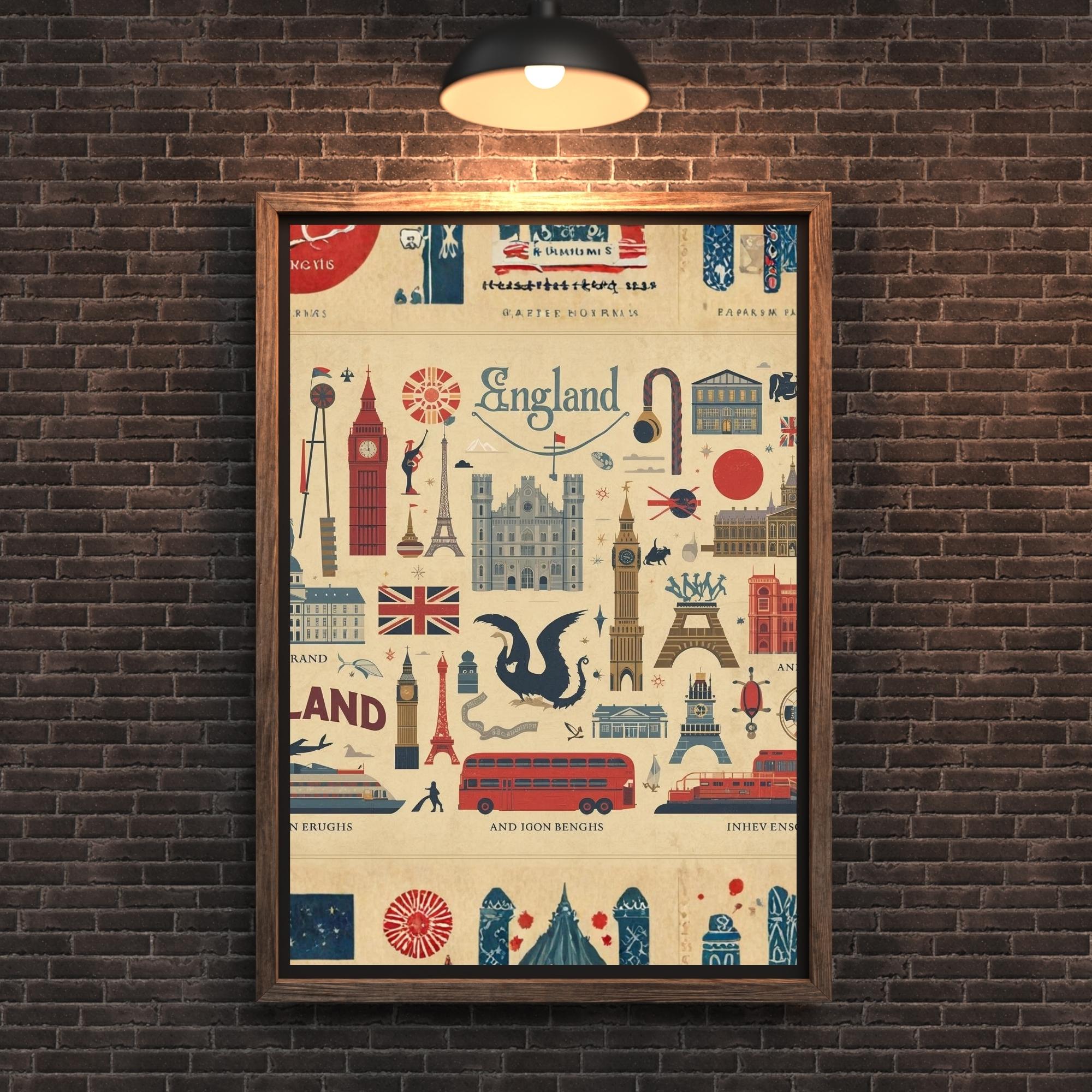 Vintage England Illustration Wall Art Printable British Landmarks Travel Poster Classic UK Countryside Decor Digital Download