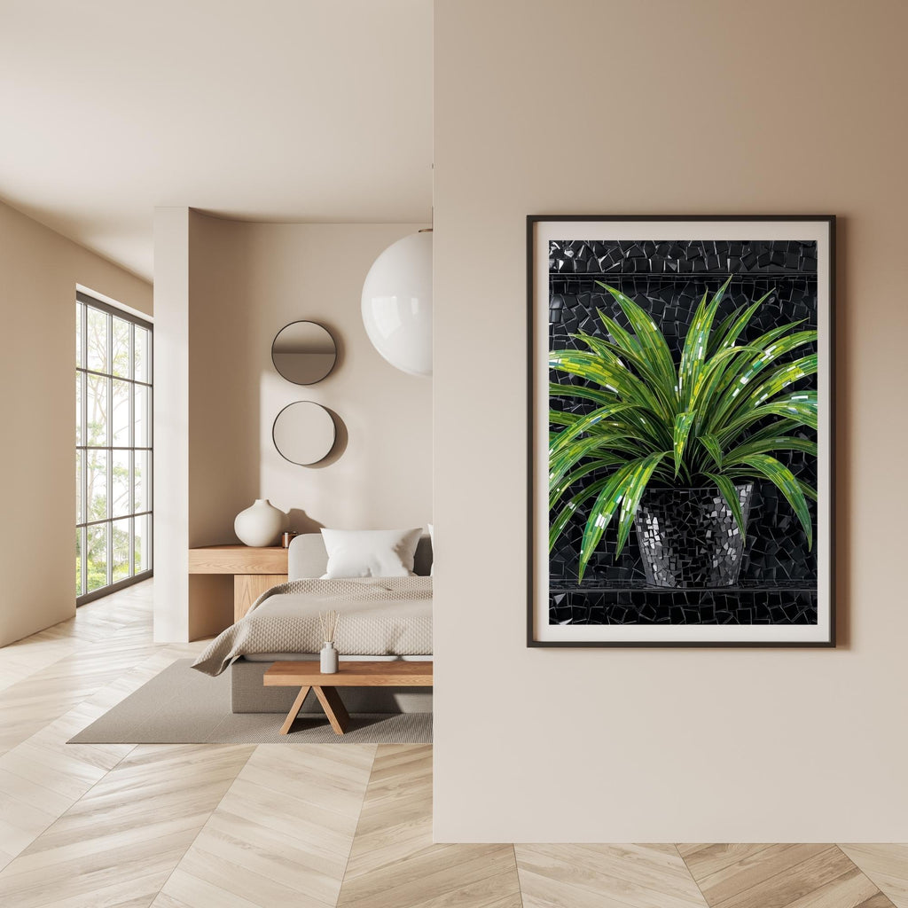 Green Plant Mirror Mosaic Wall Art Printable Black Metallic Background Abstract Botanical Modern Luxury Digital Download Home Decor