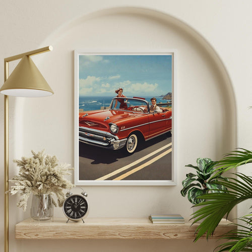 1950s Couple in 1957 Chevy Bel Air Convertible Vintage Retro Car Wall Art Printable Classic Americana Photography Digital Download