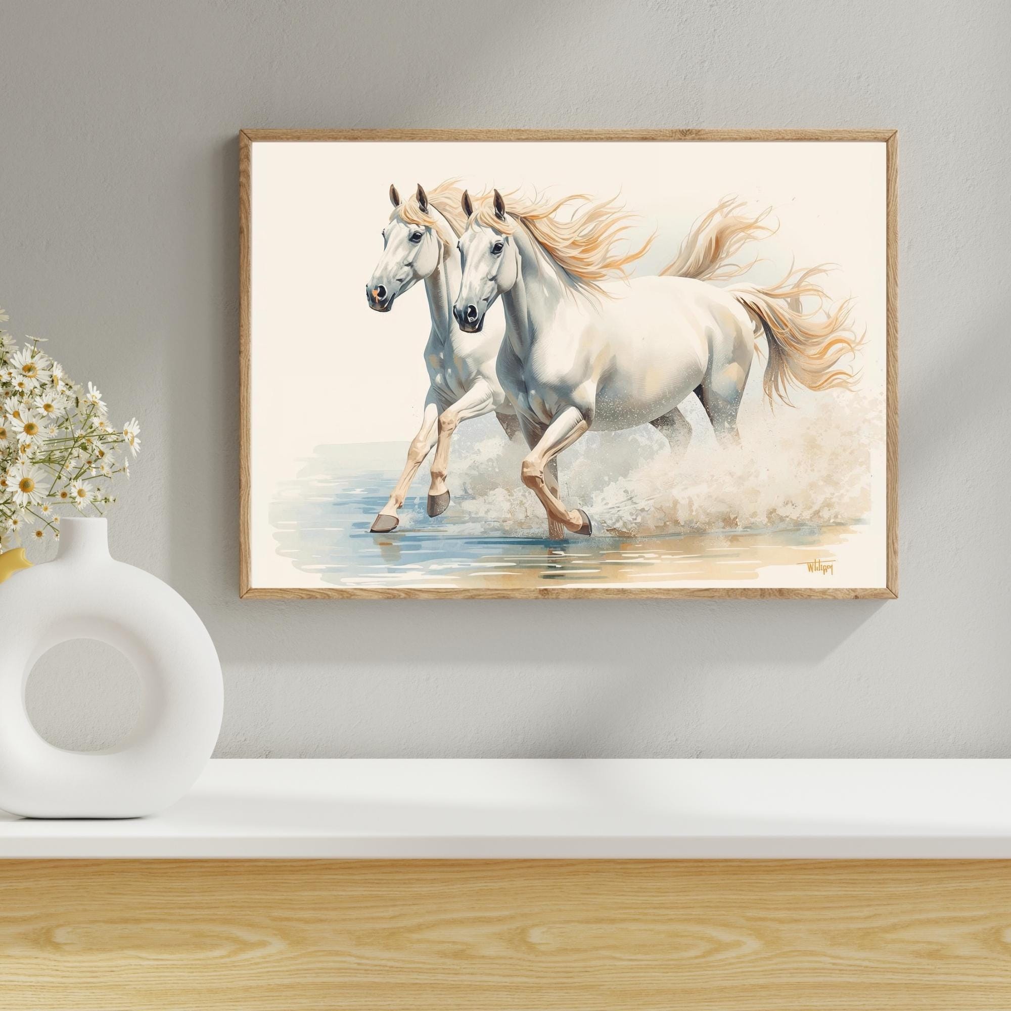 White Horses Wall Art Printable Elegant Wildlife Equestrian Nature Minimalist Animal Decor Digital Download