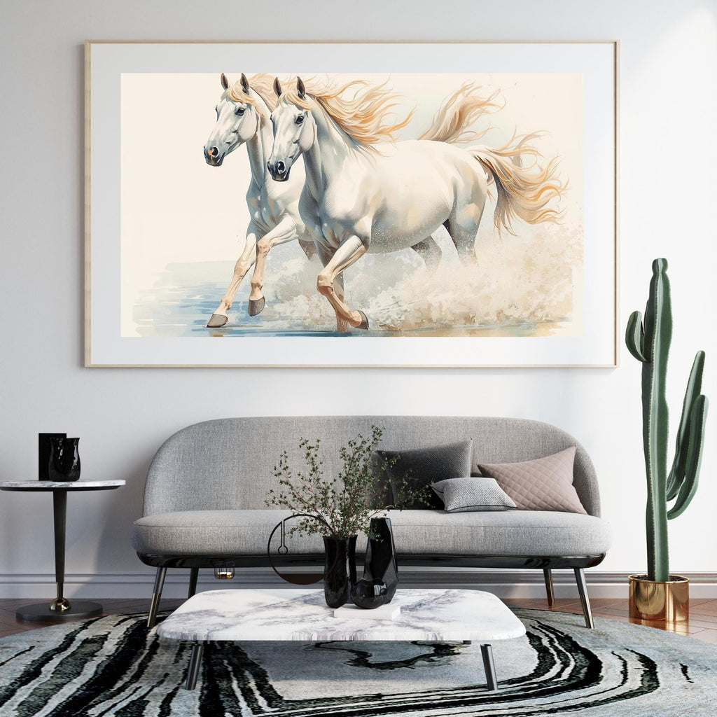 White Horses Wall Art Printable Elegant Wildlife Equestrian Nature Minimalist Animal Decor Digital Download