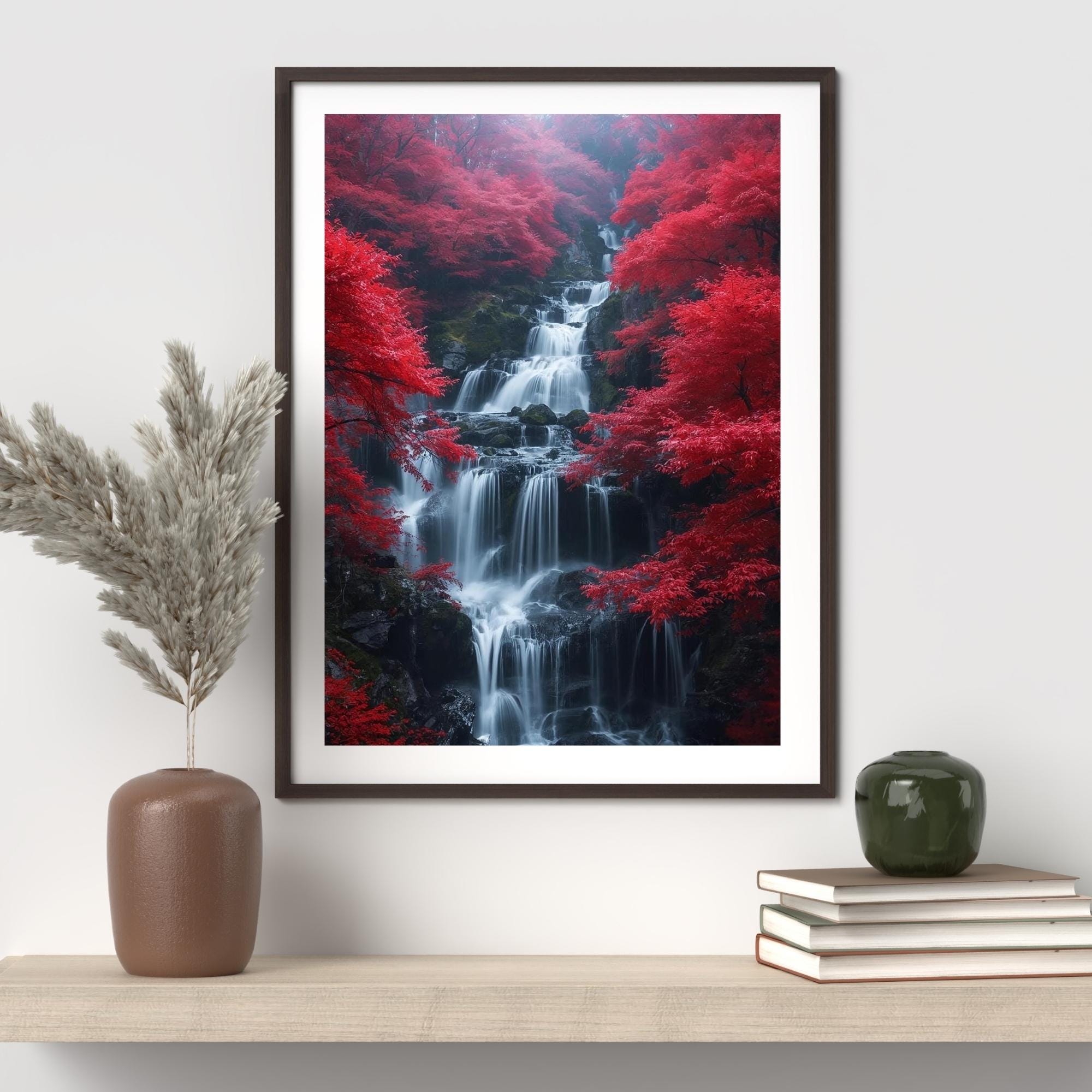 Crimson Trees and Waterfall Wall Art Printable Fantasy Nature Landscape Red Forest Cascading Water Scenic Decor Digital Download