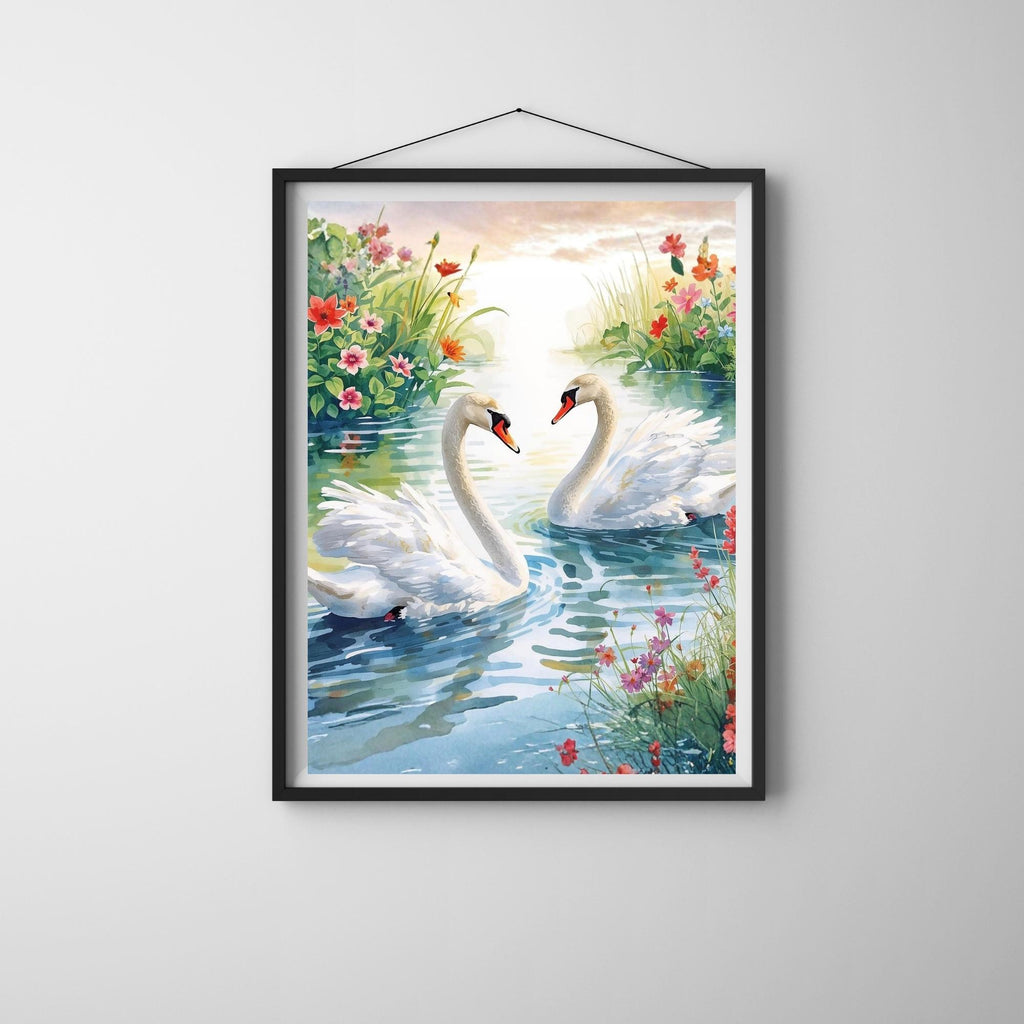 Swans Wall Art Printable Elegant Nature Bird Illustration Romantic Lake Wildlife Minimalist Home Decor Digital Download