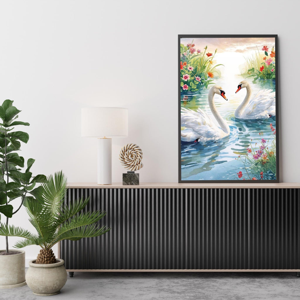 Swans Wall Art Printable Elegant Nature Bird Illustration Romantic Lake Wildlife Minimalist Home Decor Digital Download