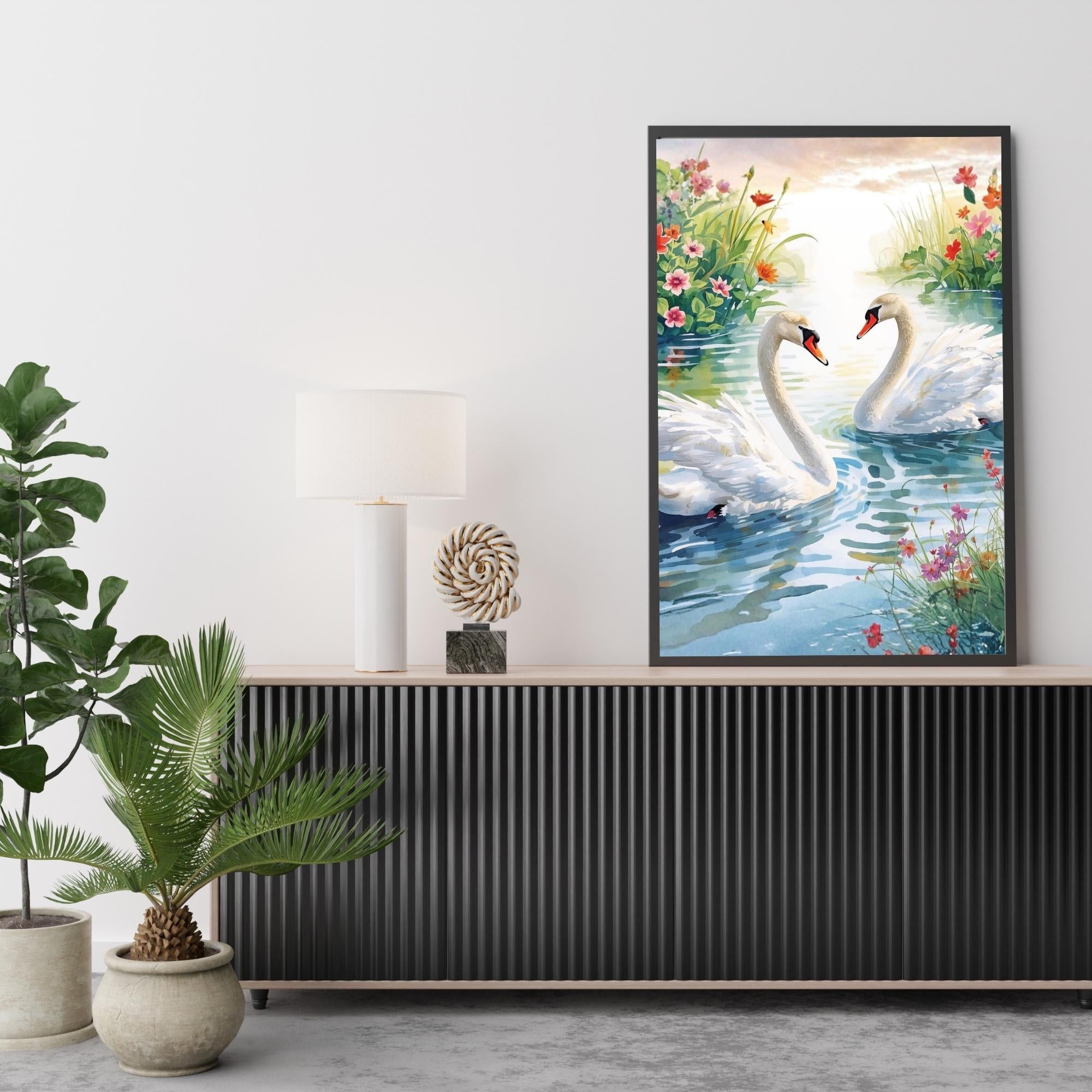 Swans Wall Art Printable Elegant Nature Bird Illustration Romantic Lake Wildlife Minimalist Home Decor Digital Download