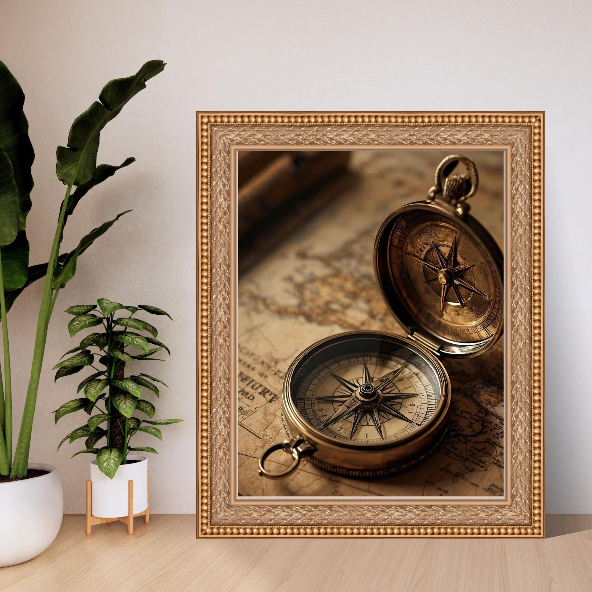 Vintage Compass Wall Art Printable Nautical Map Illustration Antique Maritime Navigation Decor Explorer Theme Digital Download