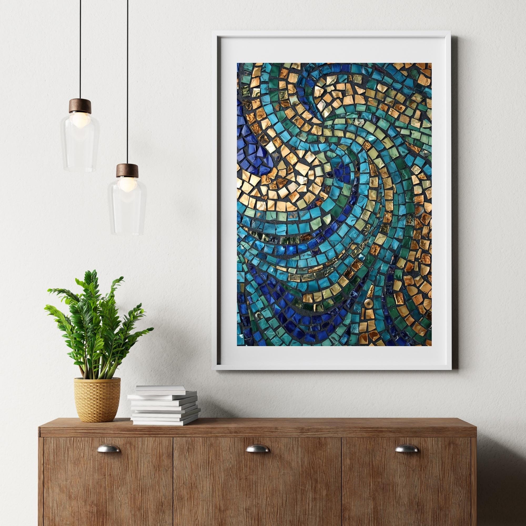 Blue Mosaic Art Wall Print Printable Vintage Tile Pattern Abstract Geometric Islamic Inspired Decorative Digital Download Home Decor