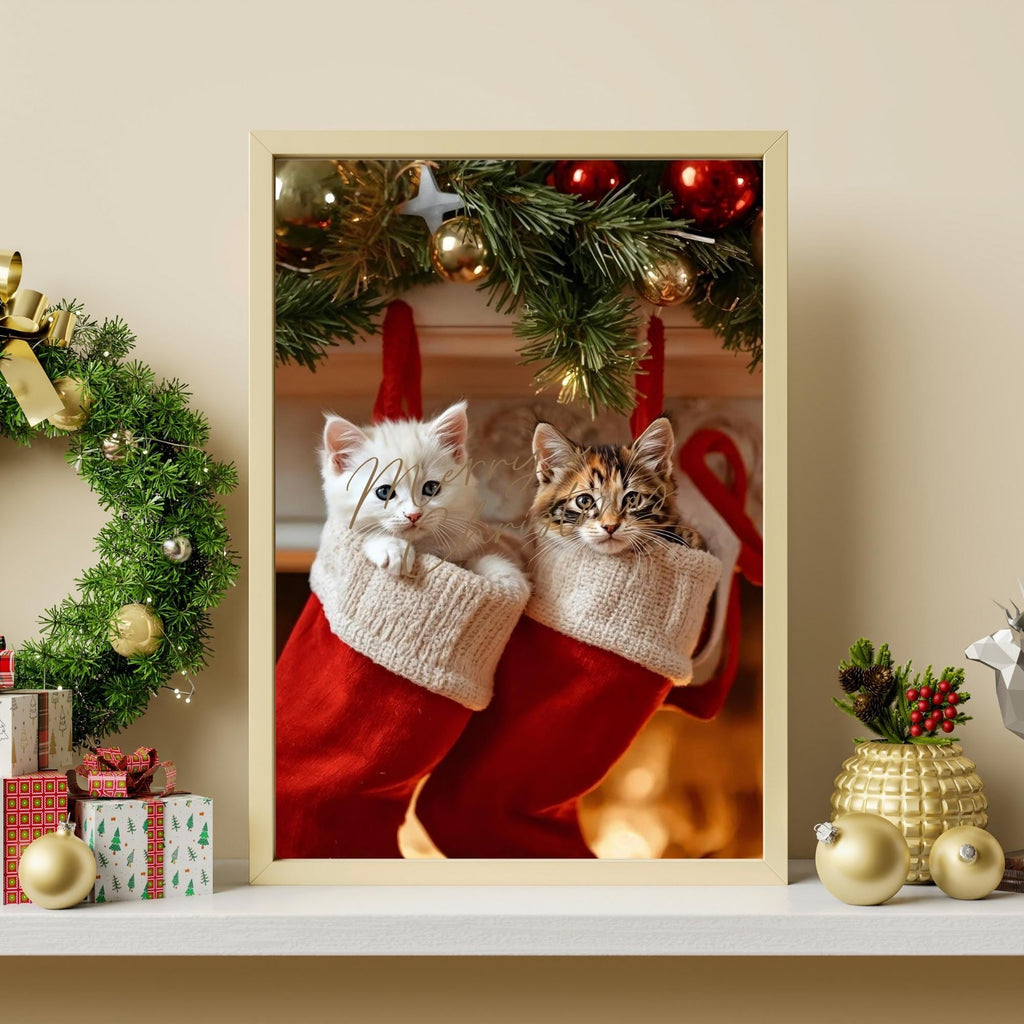 Kittens in Christmas Stockings Wall Art Printable Cute Holiday Cat Illustration Festive Winter Nursery Decor Digital Download