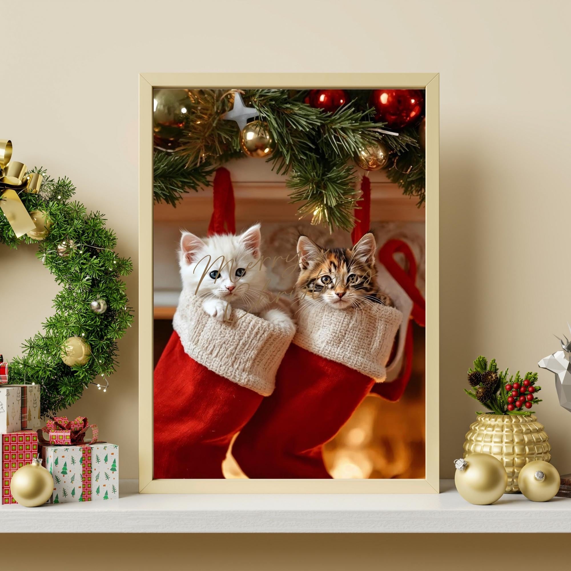 Kittens in Christmas Stockings Wall Art Printable Cute Holiday Cat Illustration Festive Winter Nursery Decor Digital Download