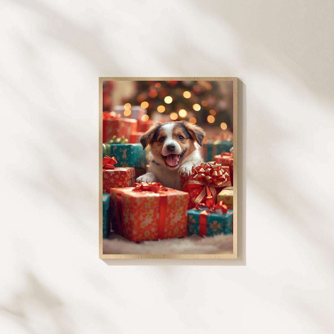 Cute Puppy with Christmas Gifts Wall Art Printable Festive Holiday Dog Illustration Winter Christmas Decor Digital Download