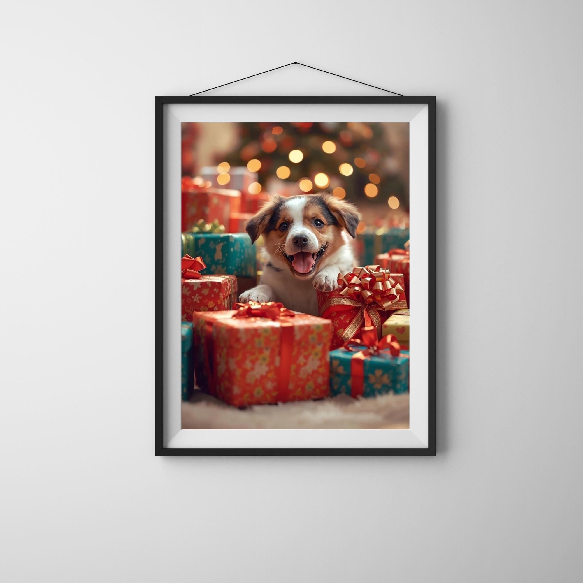 Cute Puppy with Christmas Gifts Wall Art Printable Festive Holiday Dog Illustration Winter Christmas Decor Digital Download
