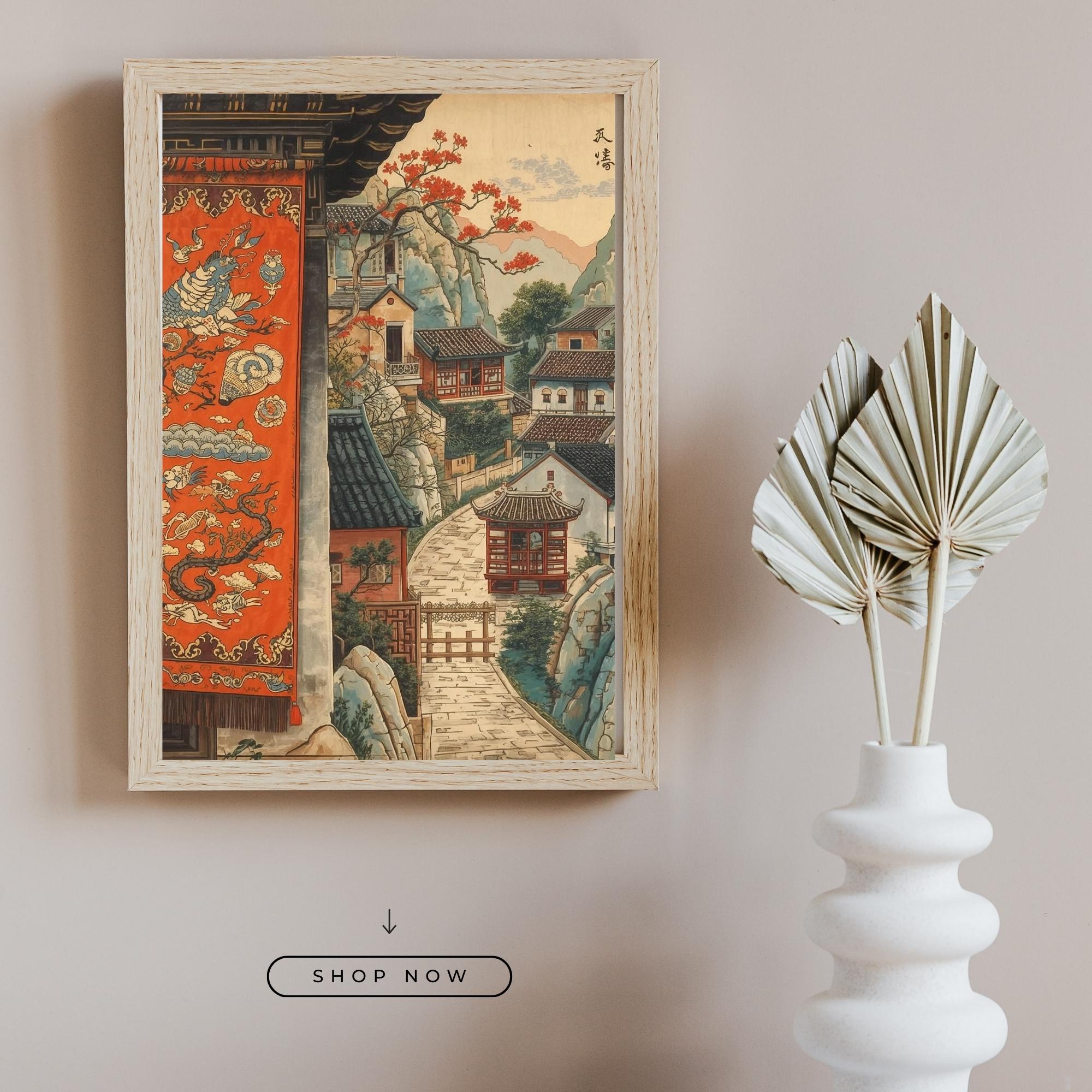 Vintage Chinese Theme Wall Art Printable Traditional Asian Antique Style Landscape Cultural Heritage Decor Digital Download