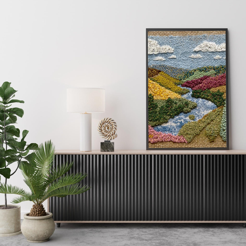 Vibrant Cross Stitch Landscape Wall Art Printable Colorful Embroidery Style Nature Scene Pattern Art Digital Download Home Decor