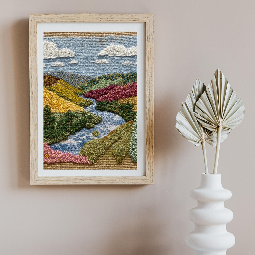 Vibrant Cross Stitch Landscape Wall Art Printable Colorful Embroidery Style Nature Scene Pattern Art Digital Download Home Decor