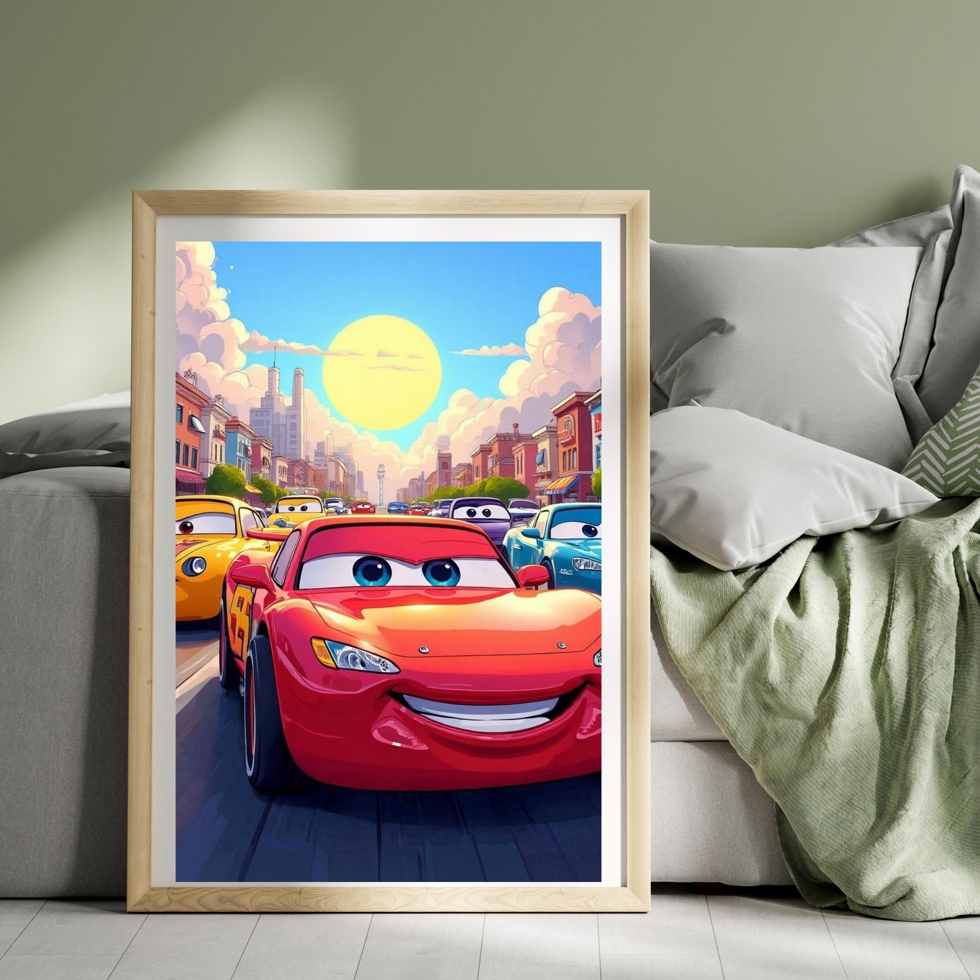 Colorful Cartoon Cars Wall Art Printable Animated Kids Transport Illustration Bright Playroom Nursery Decor Digital Download