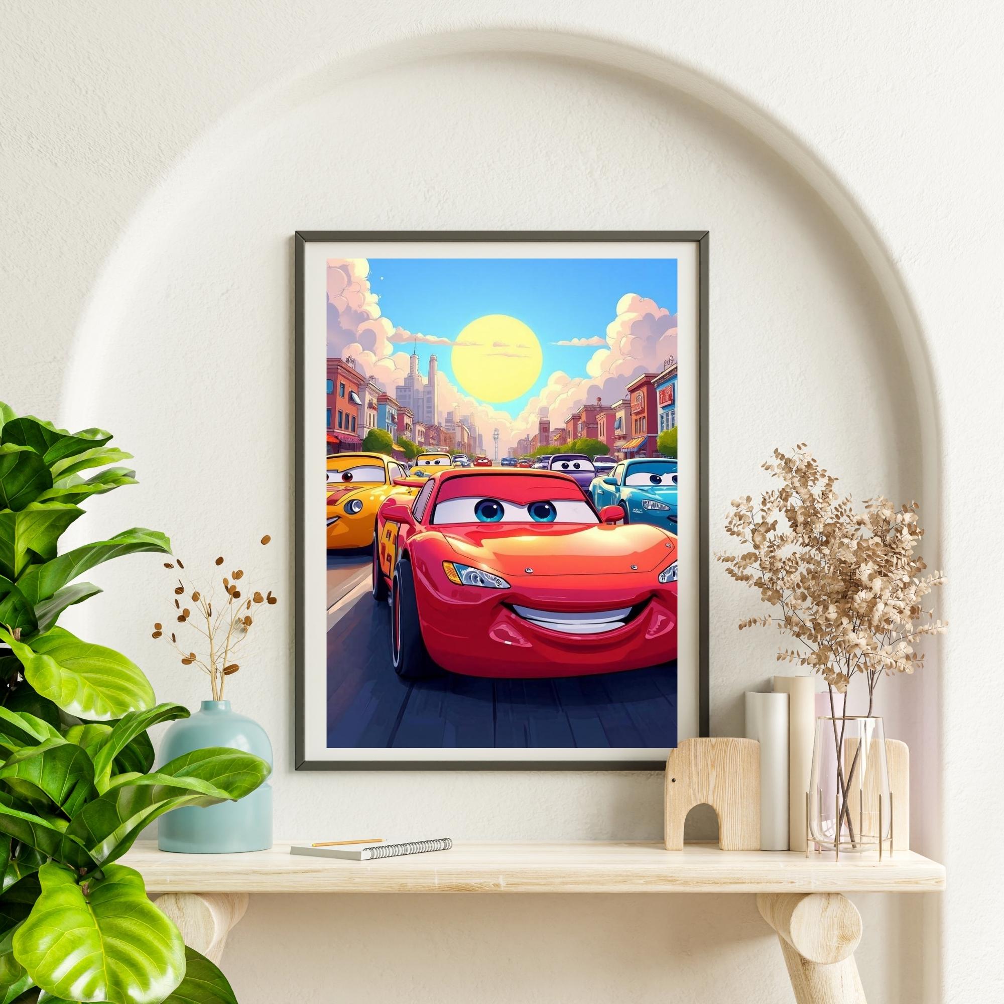 Colorful Cartoon Cars Wall Art Printable Animated Kids Transport Illustration Bright Playroom Nursery Decor Digital Download