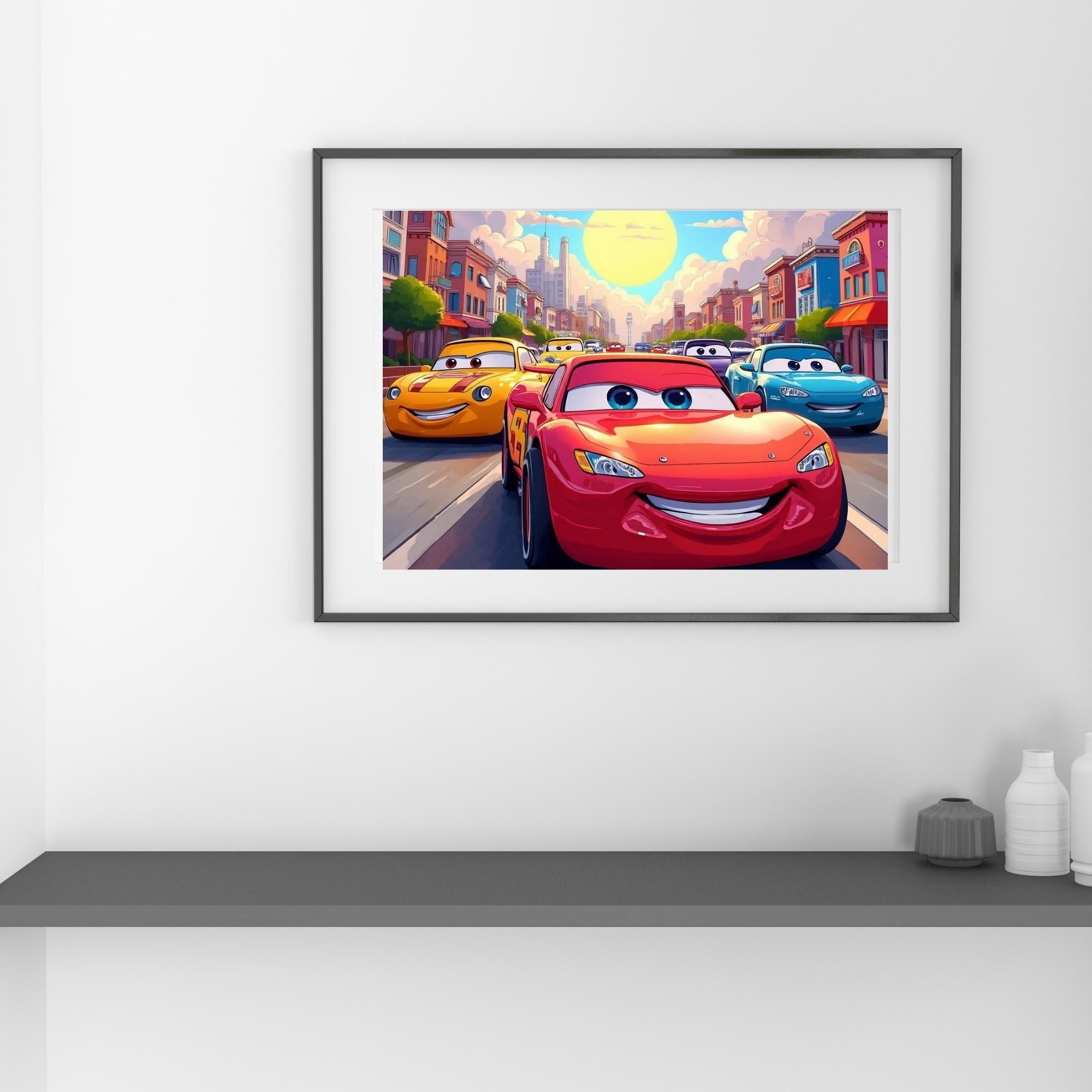 Colorful Cartoon Cars Wall Art Printable Animated Kids Transport Illustration Bright Playroom Nursery Decor Digital Download