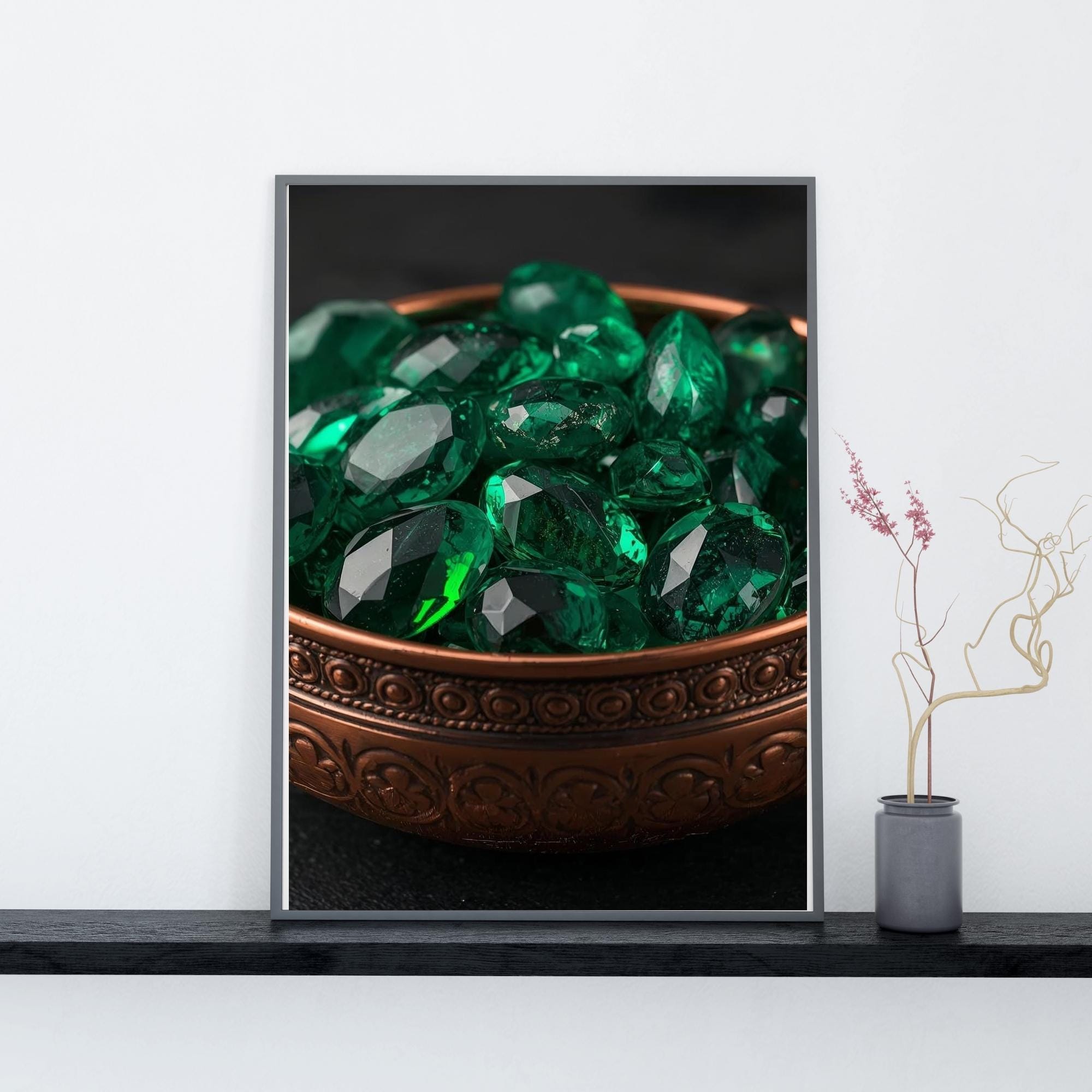 Emeralds in Antique Copper Bowl Wall Art Printable Luxury Still Life Jewel Tone Vintage Elegance Digital Download Home Decor