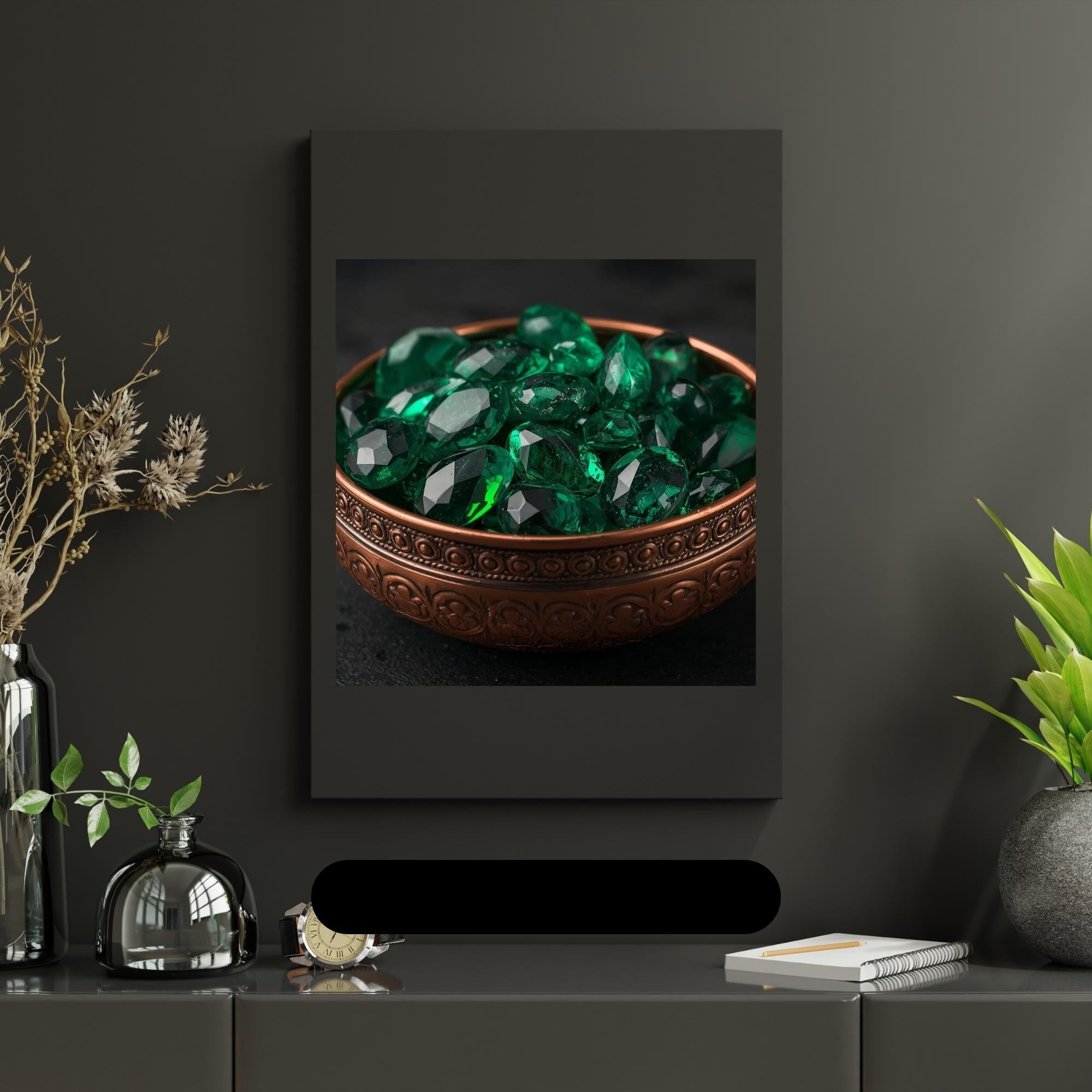 Emeralds in Antique Copper Bowl Wall Art Printable Luxury Still Life Jewel Tone Vintage Elegance Digital Download Home Decor