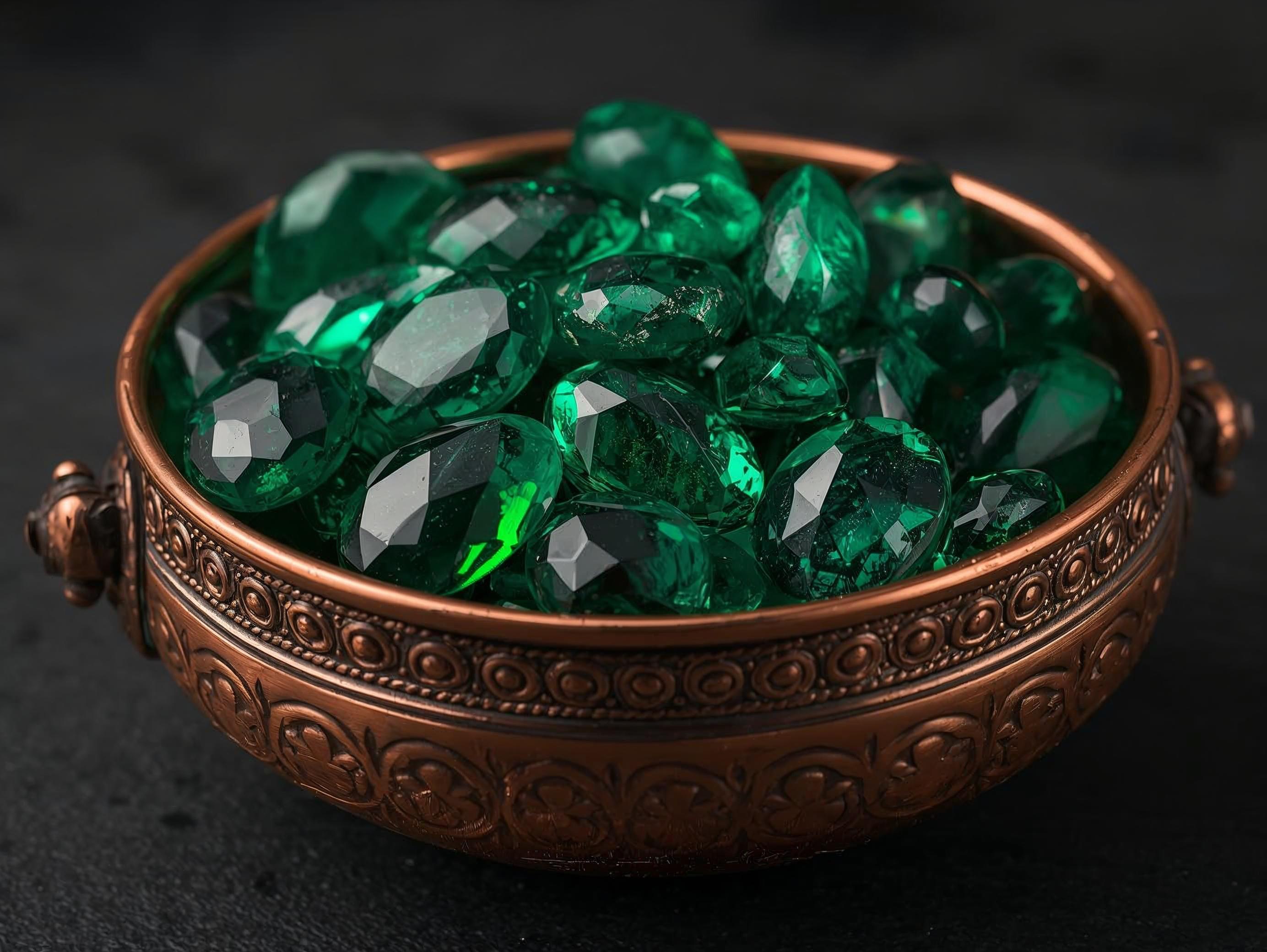 Emeralds in Antique Copper Bowl Wall Art Printable Luxury Still Life Jewel Tone Vintage Elegance Digital Download Home Decor