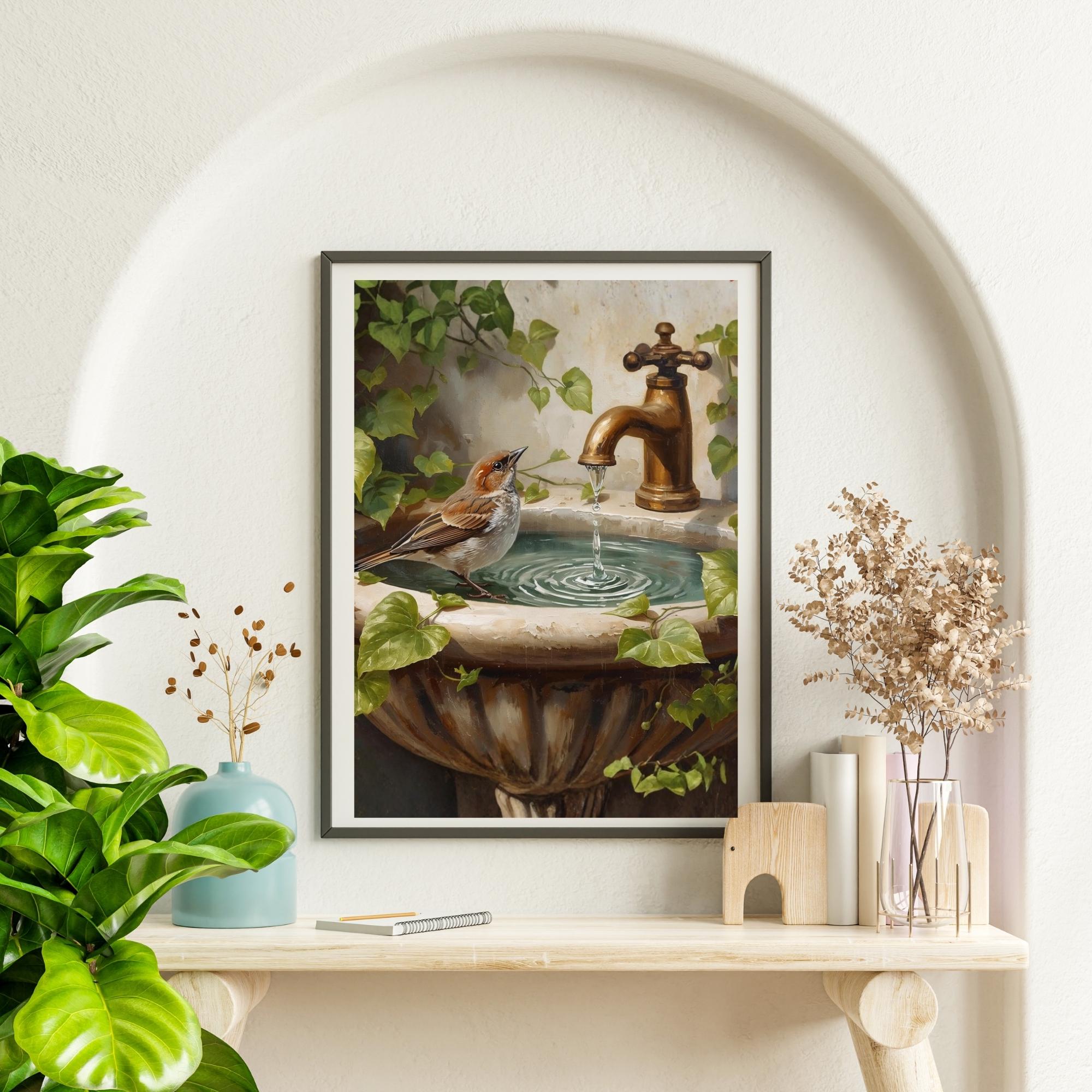 Sparrow on Vintage Sink Wall Art Printable Rustic Bird Still Life Cottagecore Nature Aesthetic Digital Download