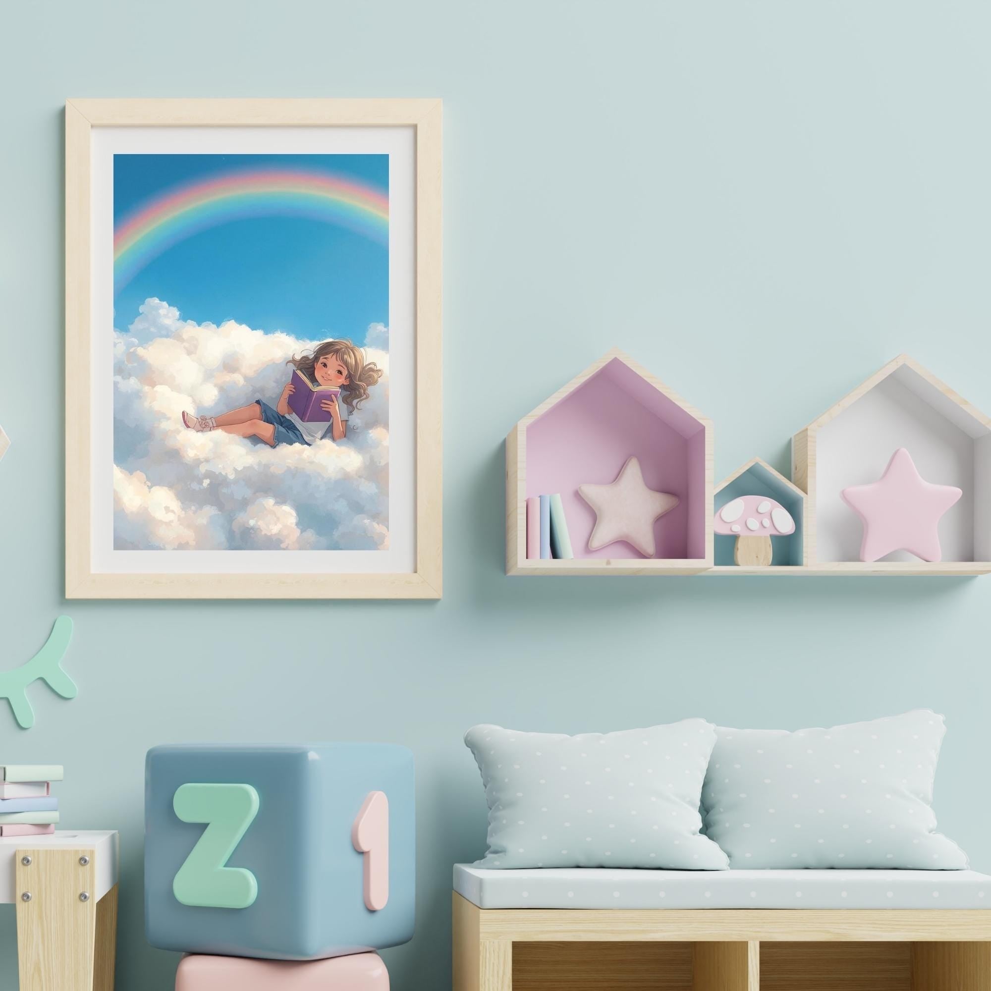 Fantasy Girl Reading Book in Clouds Wall Art Printable Dreamy Sky Illustration Whimsical Storybook Aesthetic Digital Download