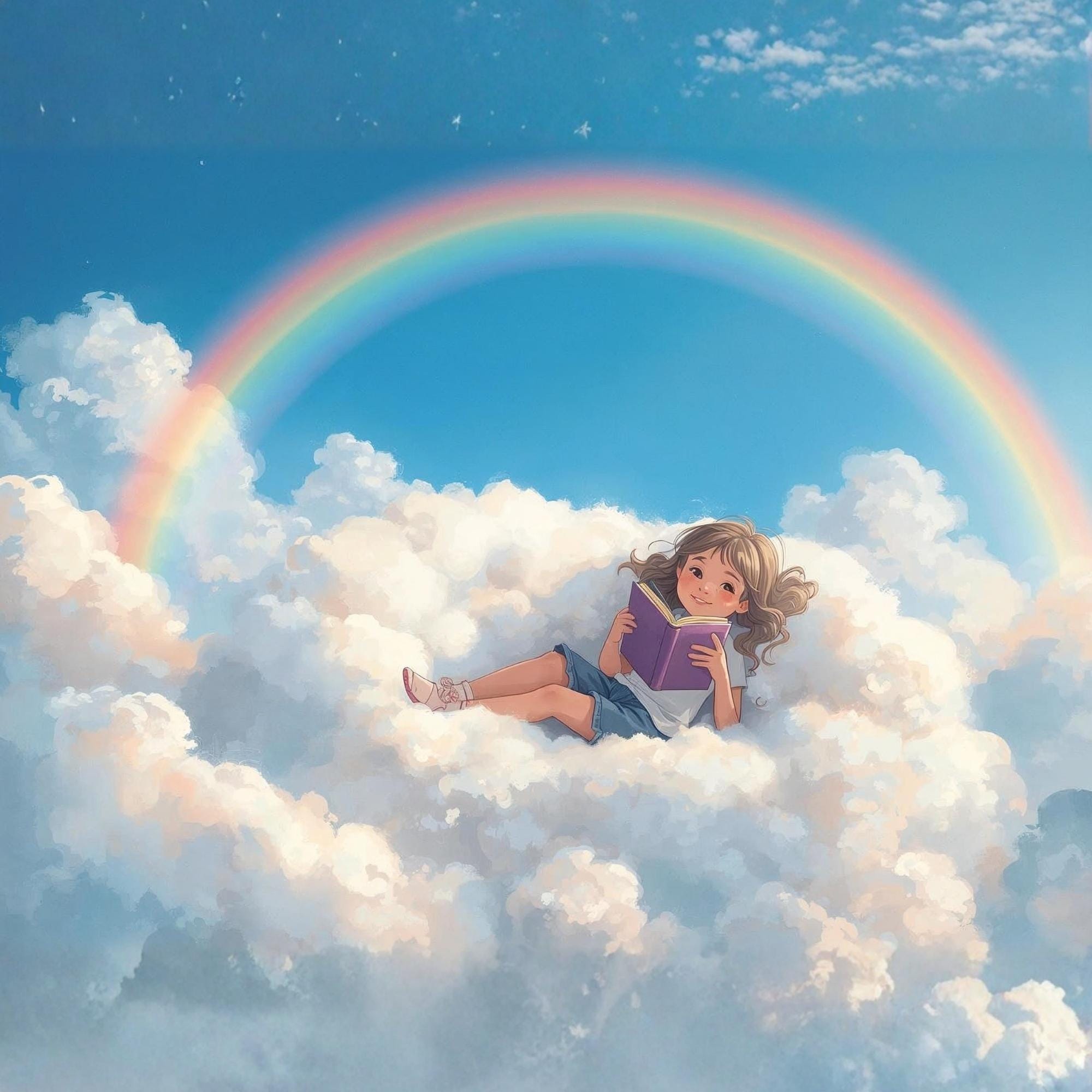 Fantasy Girl Reading Book in Clouds Wall Art Printable Dreamy Sky Illustration Whimsical Storybook Aesthetic Digital Download