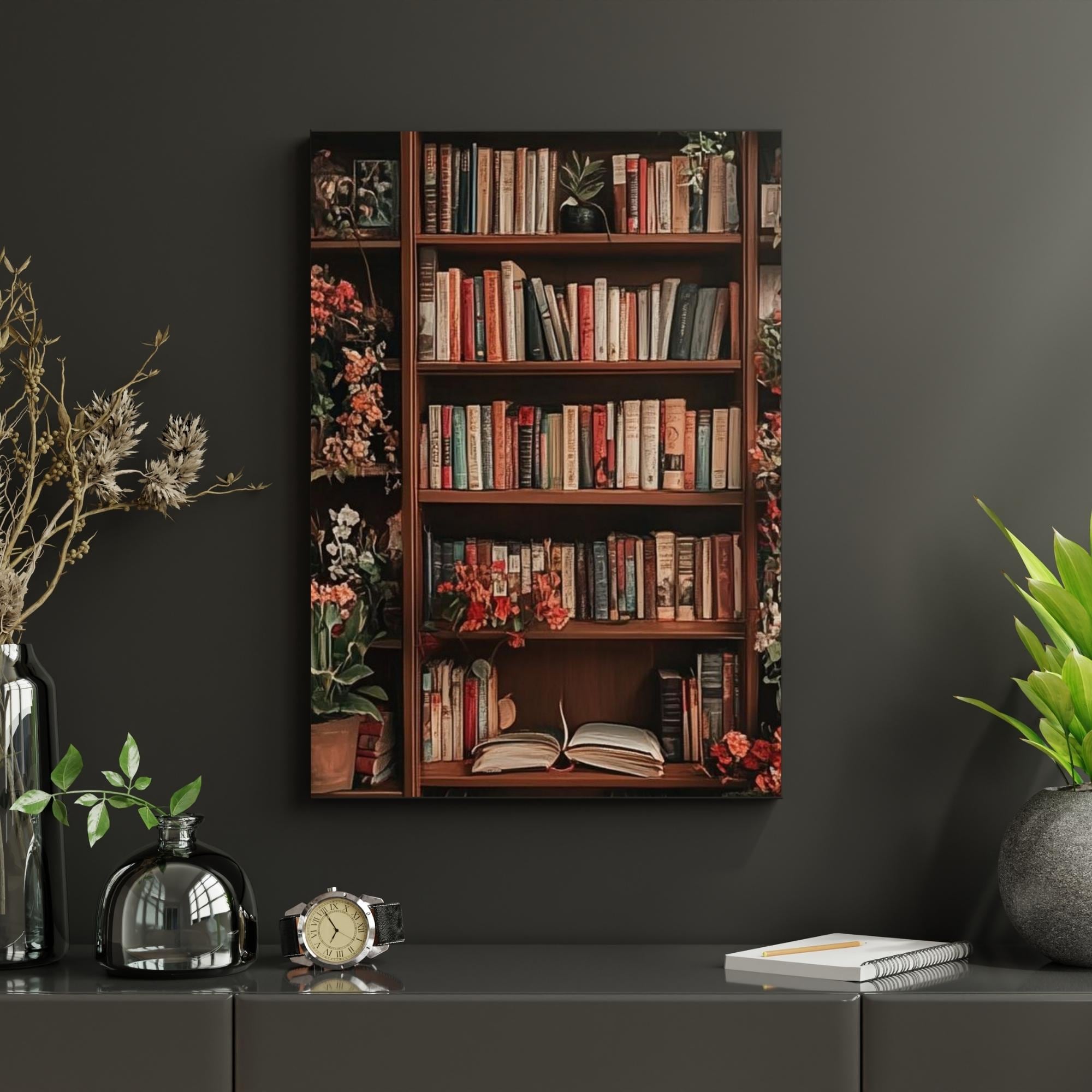 Bookshelf Wall Art Printable Cozy Library Interior Vintage Bookcase Illustration Reading Room Decor Digital Download