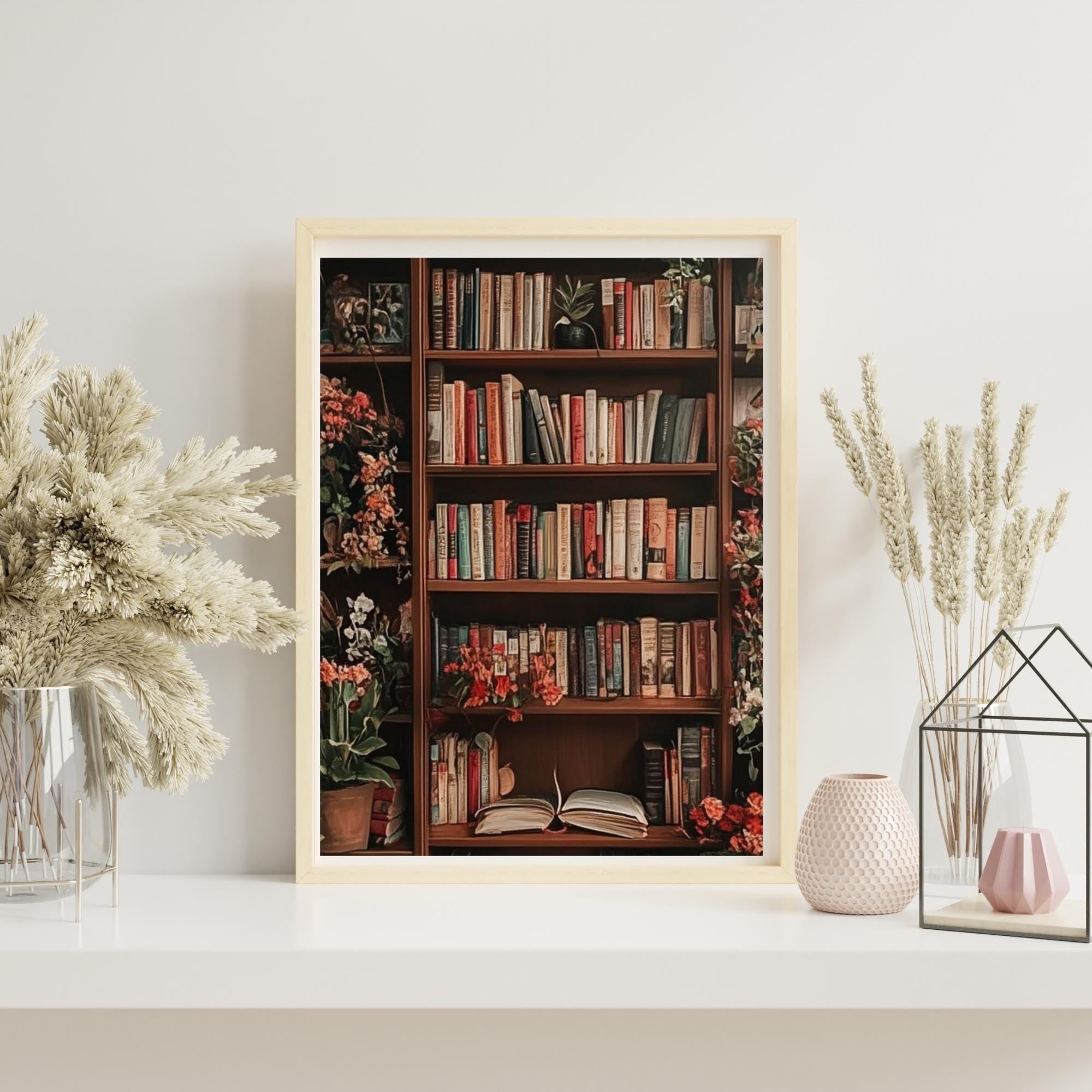 Bookshelf Wall Art Printable Cozy Library Interior Vintage Bookcase Illustration Reading Room Decor Digital Download
