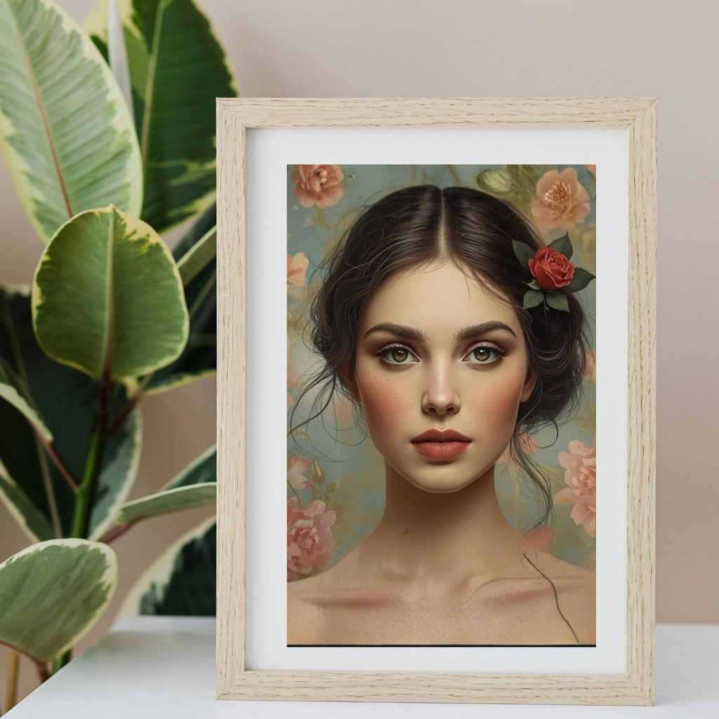 Girl Portrait with Flowers in Hair Wall Art Printable Floral Background Botanical Aesthetic Feminine Home Decor Digital Download
