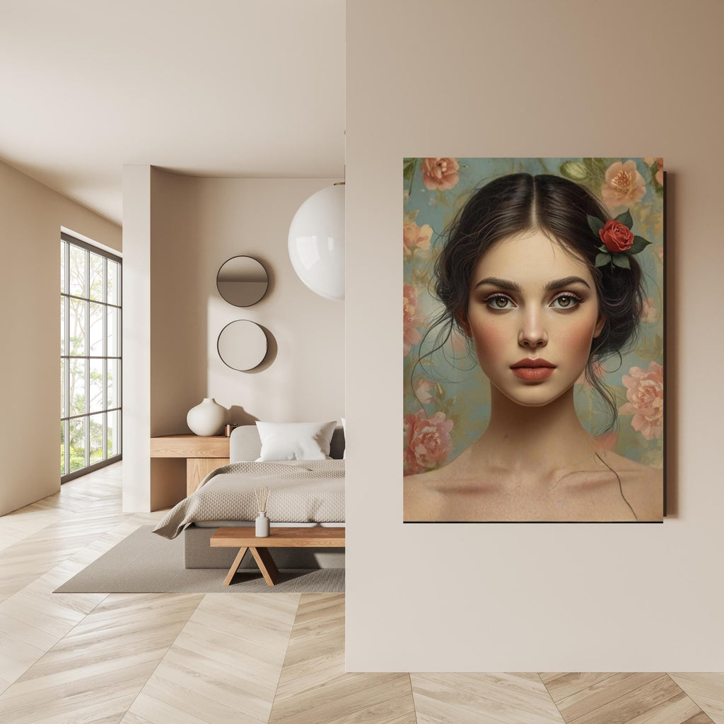 Girl Portrait with Flowers in Hair Wall Art Printable Floral Background Botanical Aesthetic Feminine Home Decor Digital Download