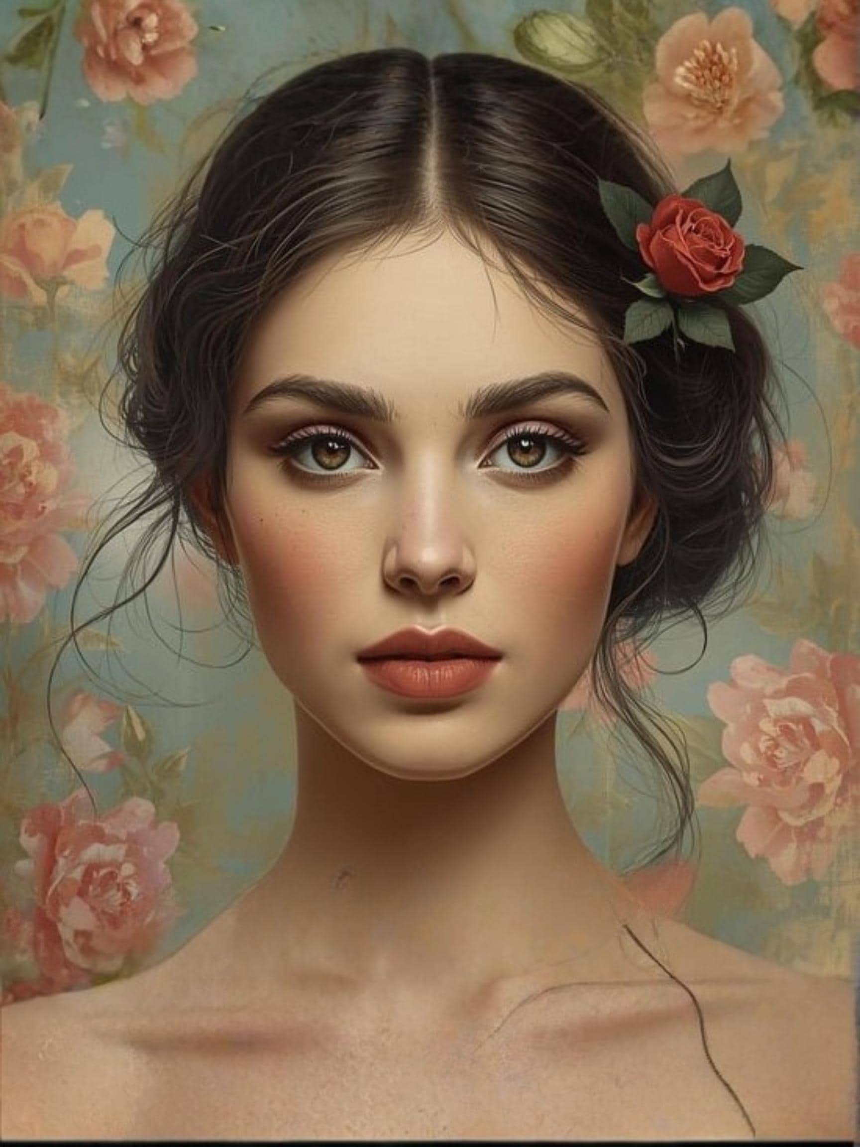 Girl Portrait with Flowers in Hair Wall Art Printable Floral Background Botanical Aesthetic Feminine Home Decor Digital Download