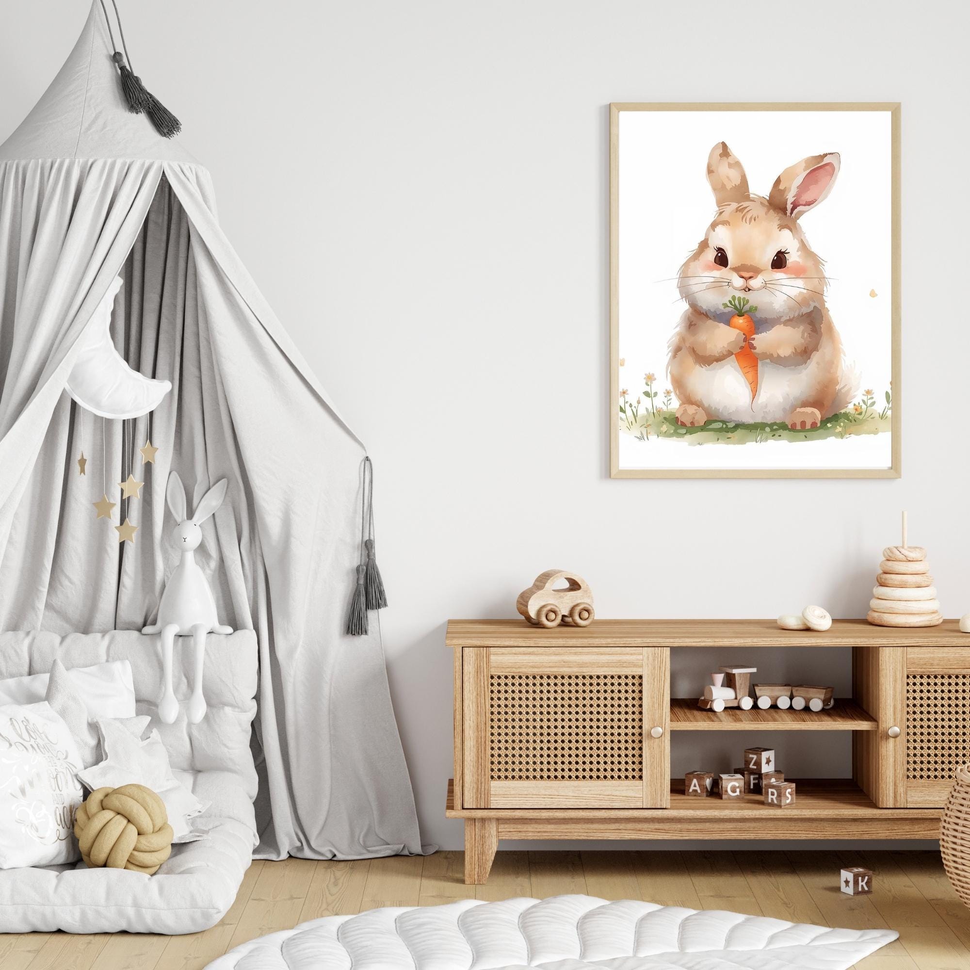Fluffy Rabbit Watercolor Painting Wall Art Printable Cute Bunny with Carrot Nursery Decor Soft Animal Illustration Digital Download