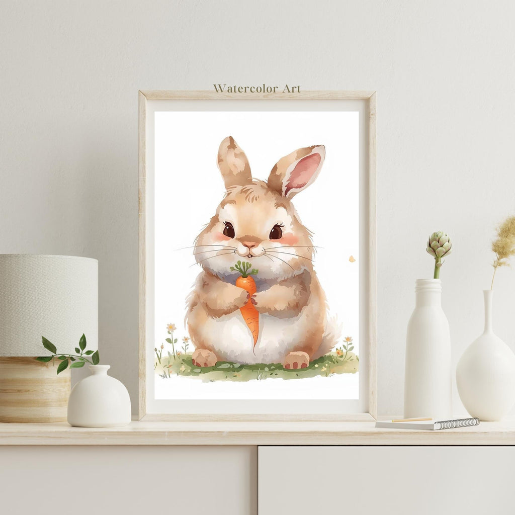 Fluffy Rabbit Watercolor Painting Wall Art Printable Cute Bunny with Carrot Nursery Decor Soft Animal Illustration Digital Download