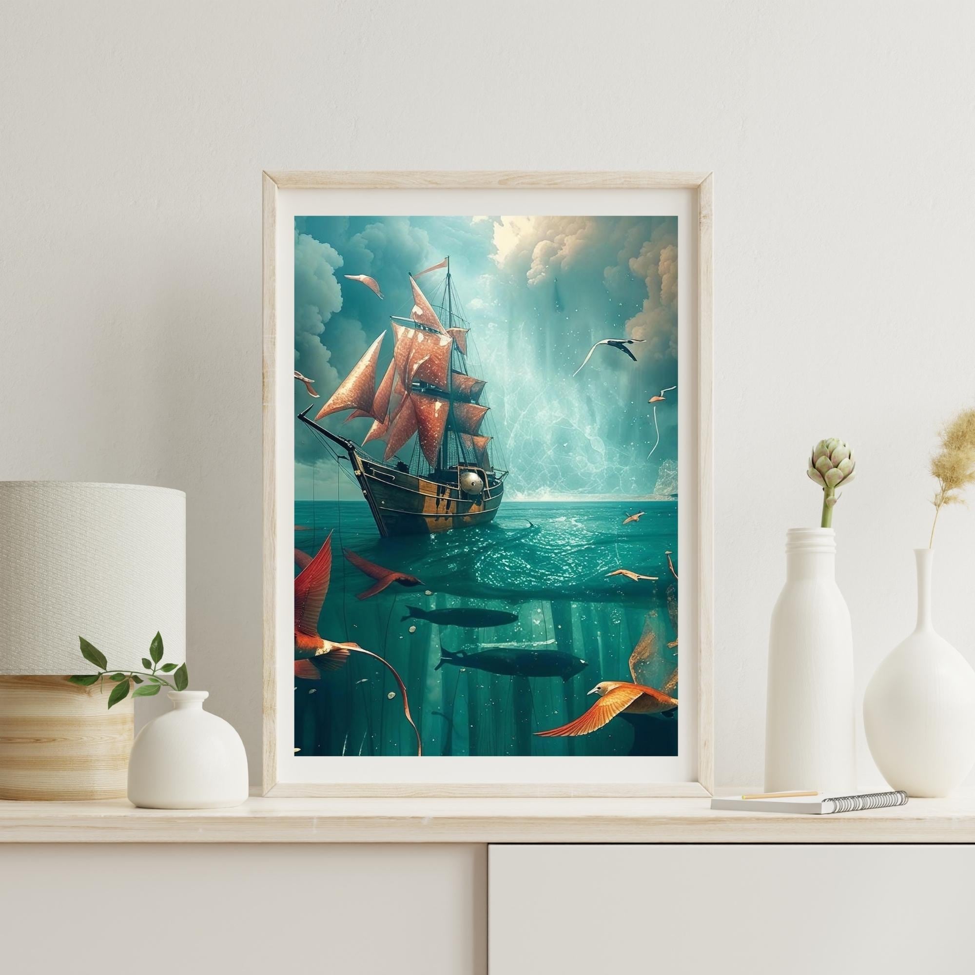 Seascape Sailboat Painting Wall Art Printable Ocean Landscape Nautical Maritime Decor Coastal Home Art Digital Download