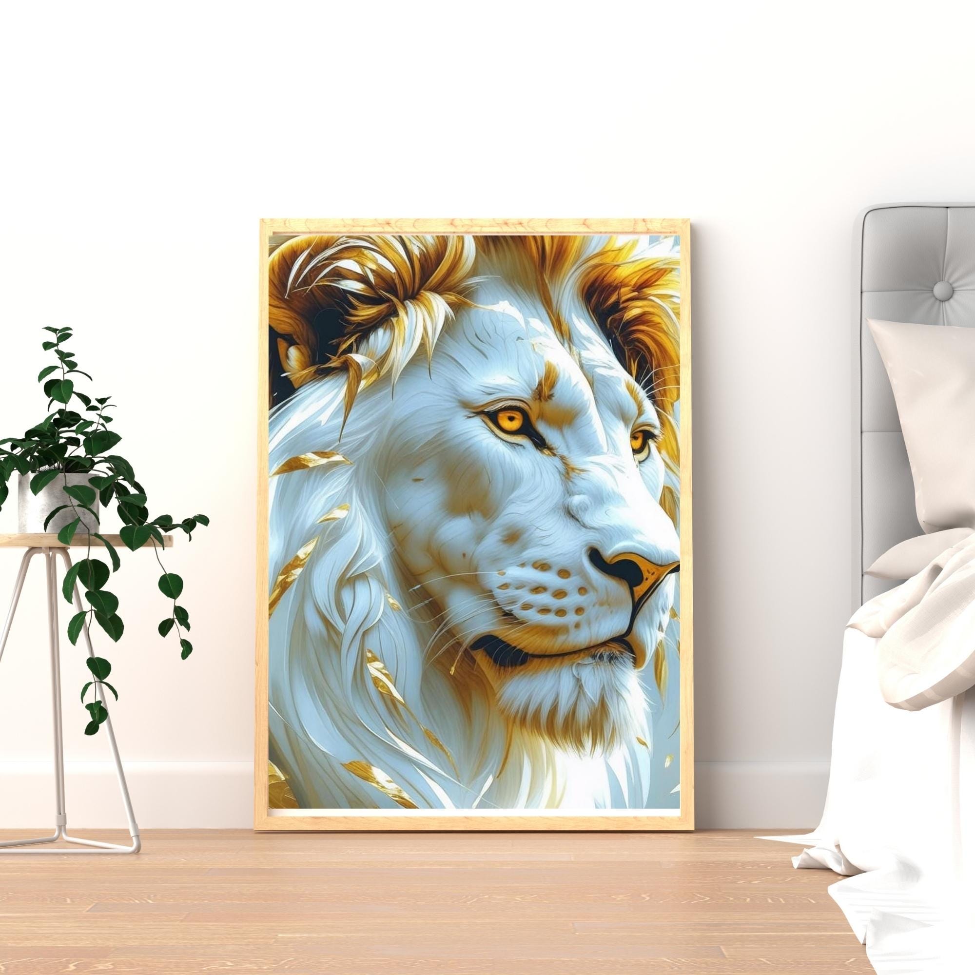 Majestic Lion Oil Painting Portrait Wall Art Printable Intense Gaze Wildlife King of Jungle Modern Animal Decor Digital Download