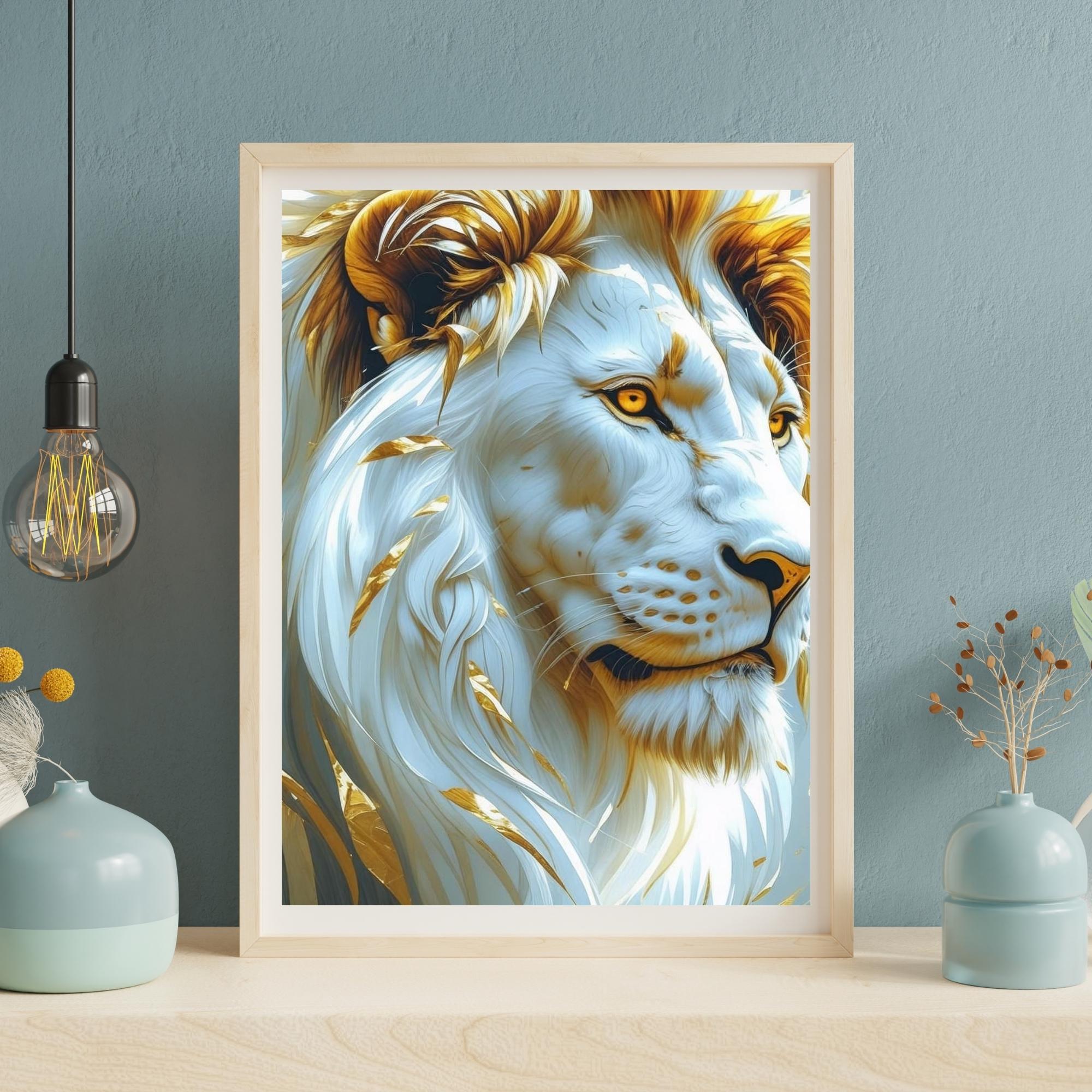 Majestic Lion Oil Painting Portrait Wall Art Printable Intense Gaze Wildlife King of Jungle Modern Animal Decor Digital Download