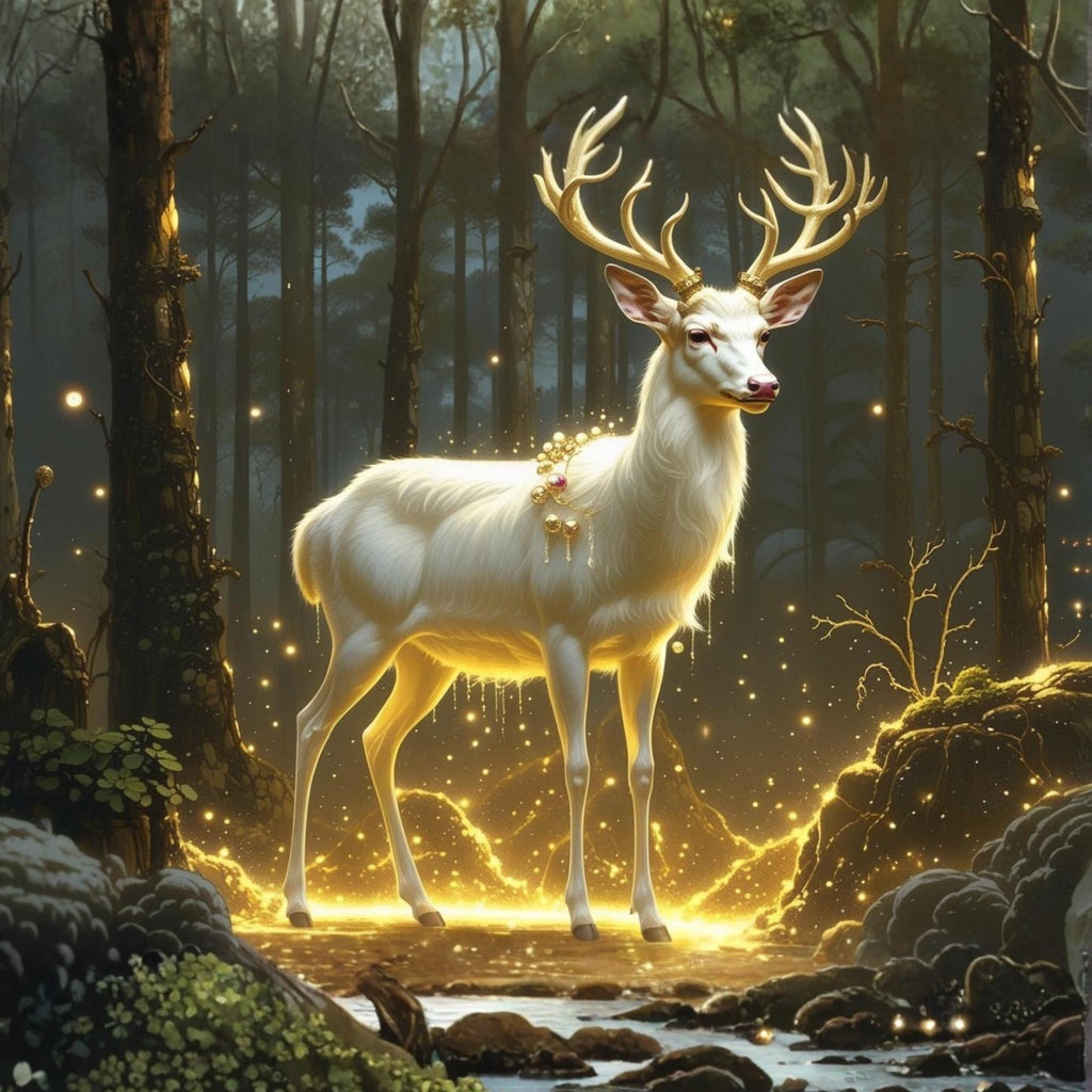 Jeweled Deer Winter Landscape Wall Art Printable Magical Forest Animal Fantasy Nature Art Modern Seasonal Decor Digital Download