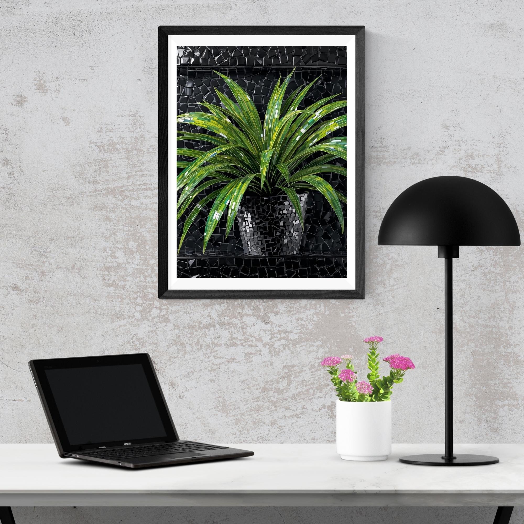 Green Plant Mirror Mosaic Wall Art Printable Black Metallic Background Abstract Botanical Modern Luxury Digital Download Home Decor