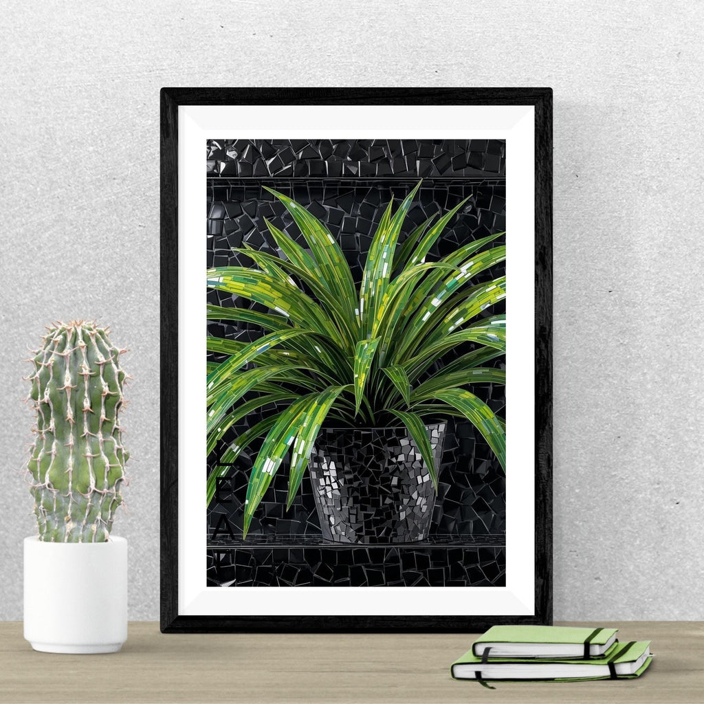 Green Plant Mirror Mosaic Wall Art Printable Black Metallic Background Abstract Botanical Modern Luxury Digital Download Home Decor