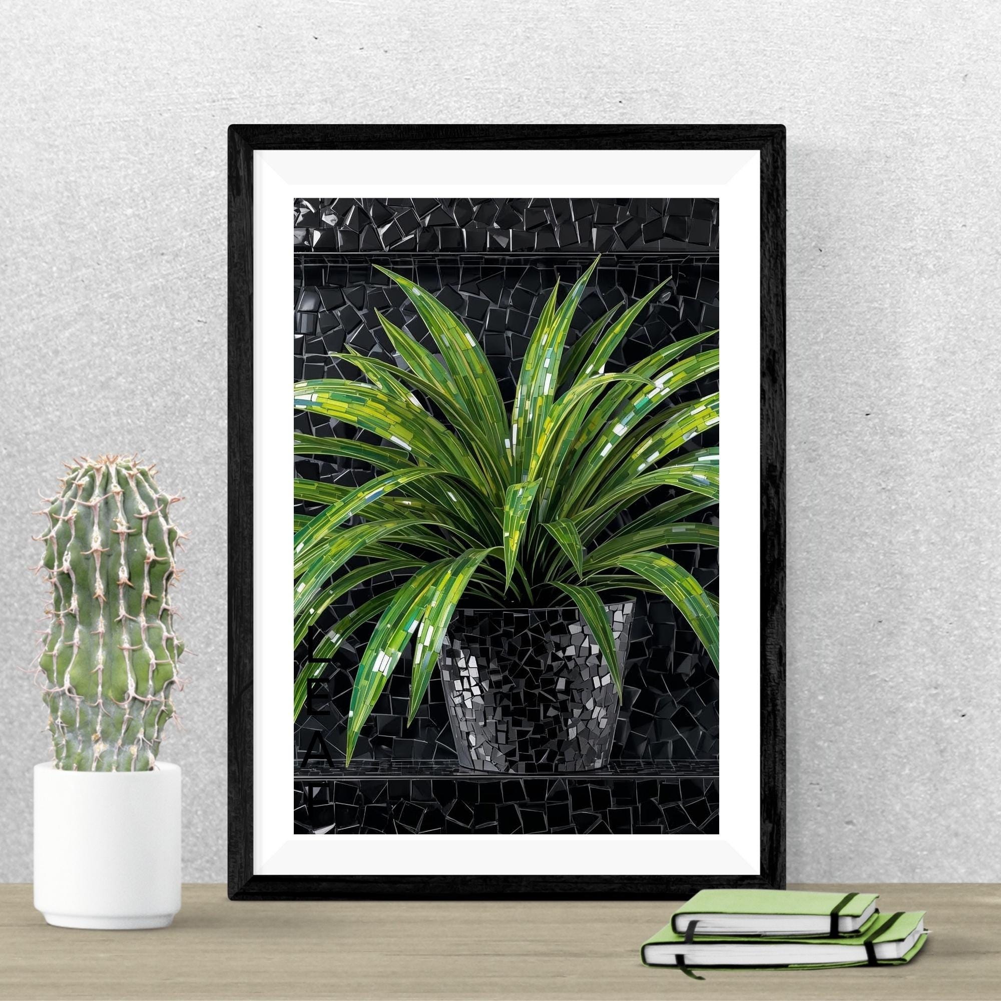 Green Plant Mirror Mosaic Wall Art Printable Black Metallic Background Abstract Botanical Modern Luxury Digital Download Home Decor
