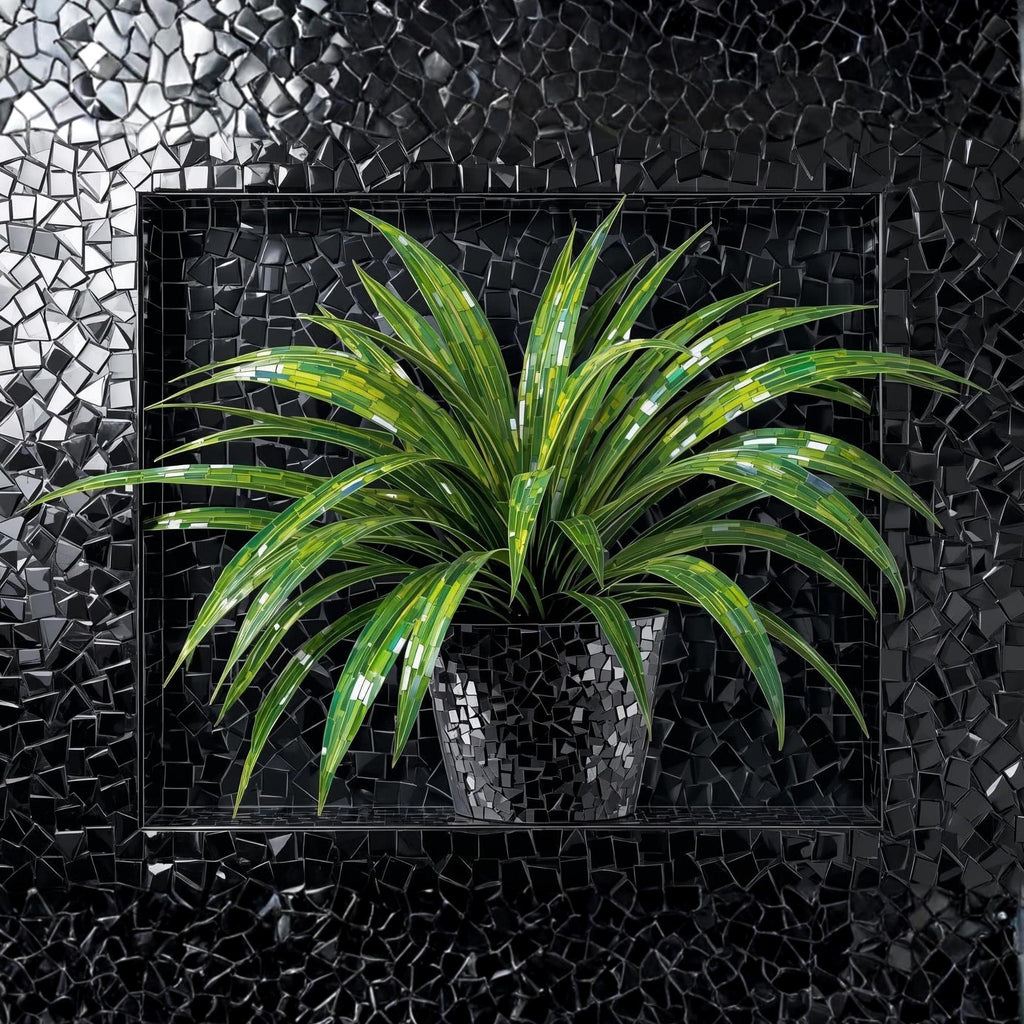 Green Plant Mirror Mosaic Wall Art Printable Black Metallic Background Abstract Botanical Modern Luxury Digital Download Home Decor