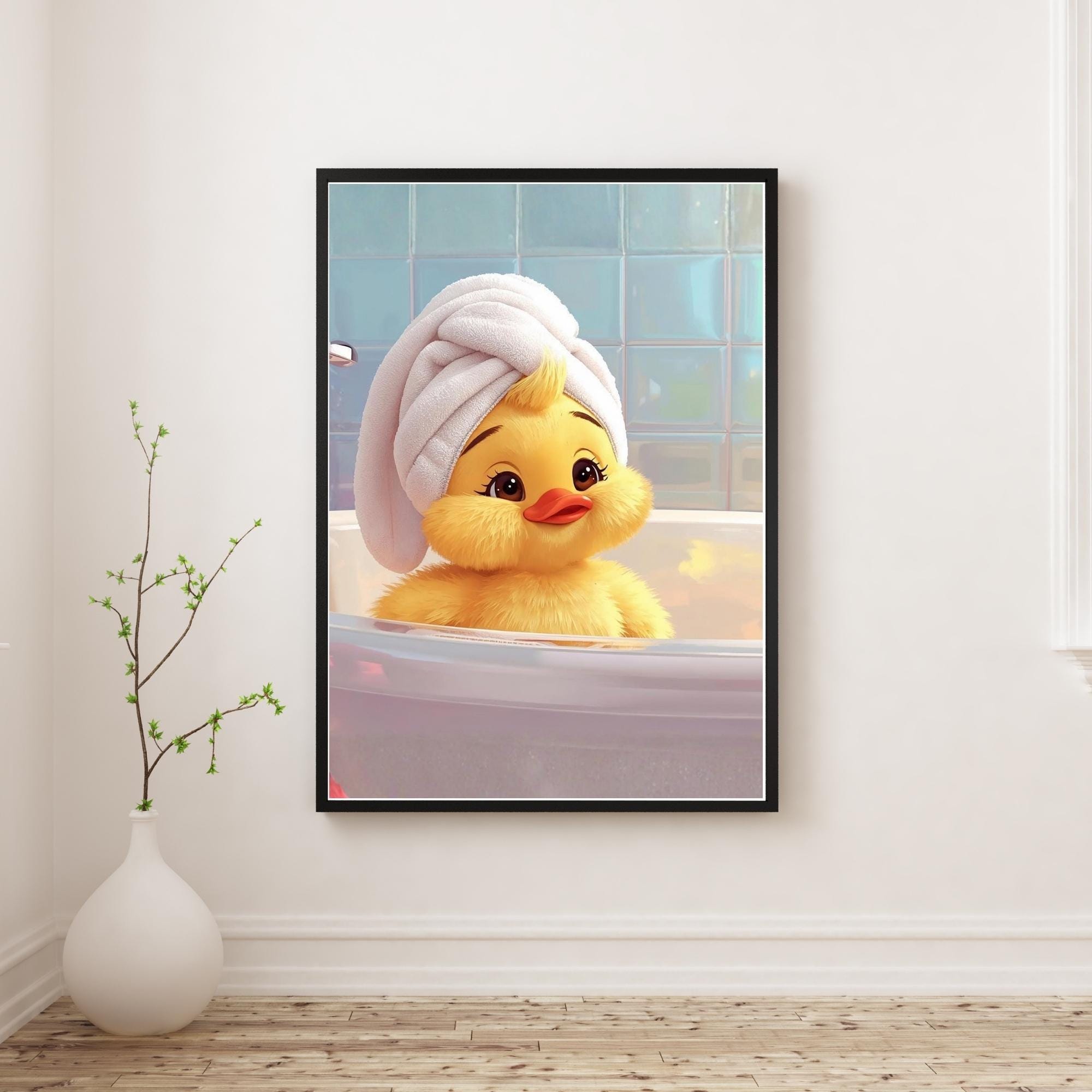 Duckling Bath Nursery Wall Art Printable Cute Animal Illustration Baby Room Decor Soft Pastel Kids Room Digital Download