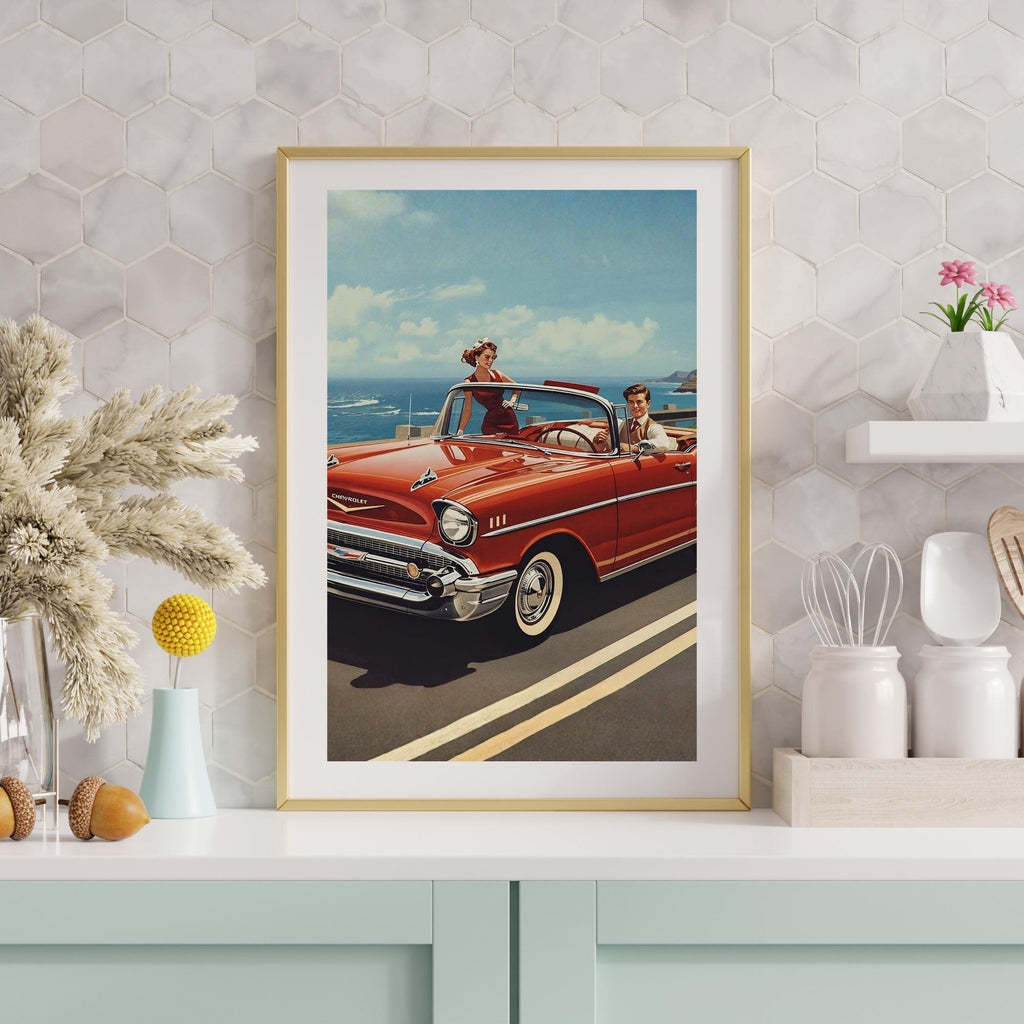 1950s Couple in 1957 Chevy Bel Air Convertible Vintage Retro Car Wall Art Printable Classic Americana Photography Digital Download