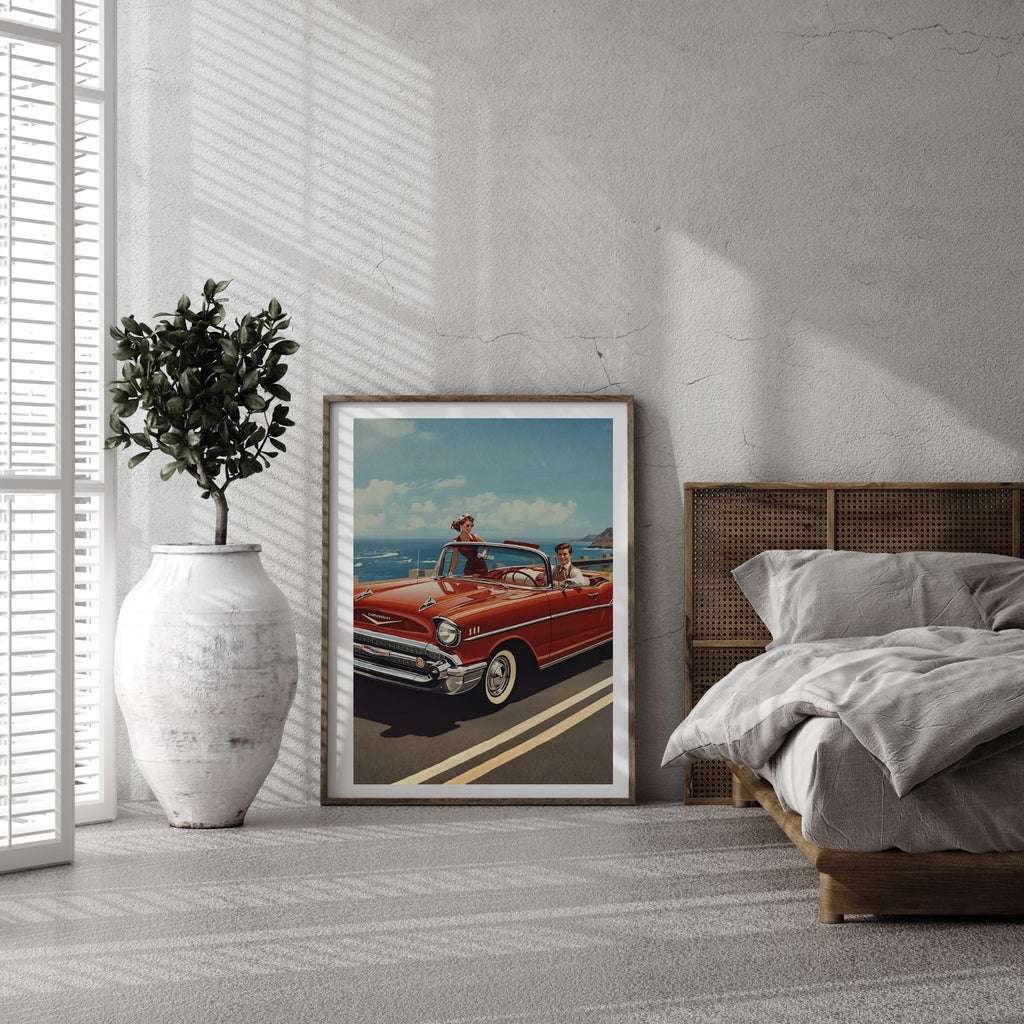 1950s Couple in 1957 Chevy Bel Air Convertible Vintage Retro Car Wall Art Printable Classic Americana Photography Digital Download