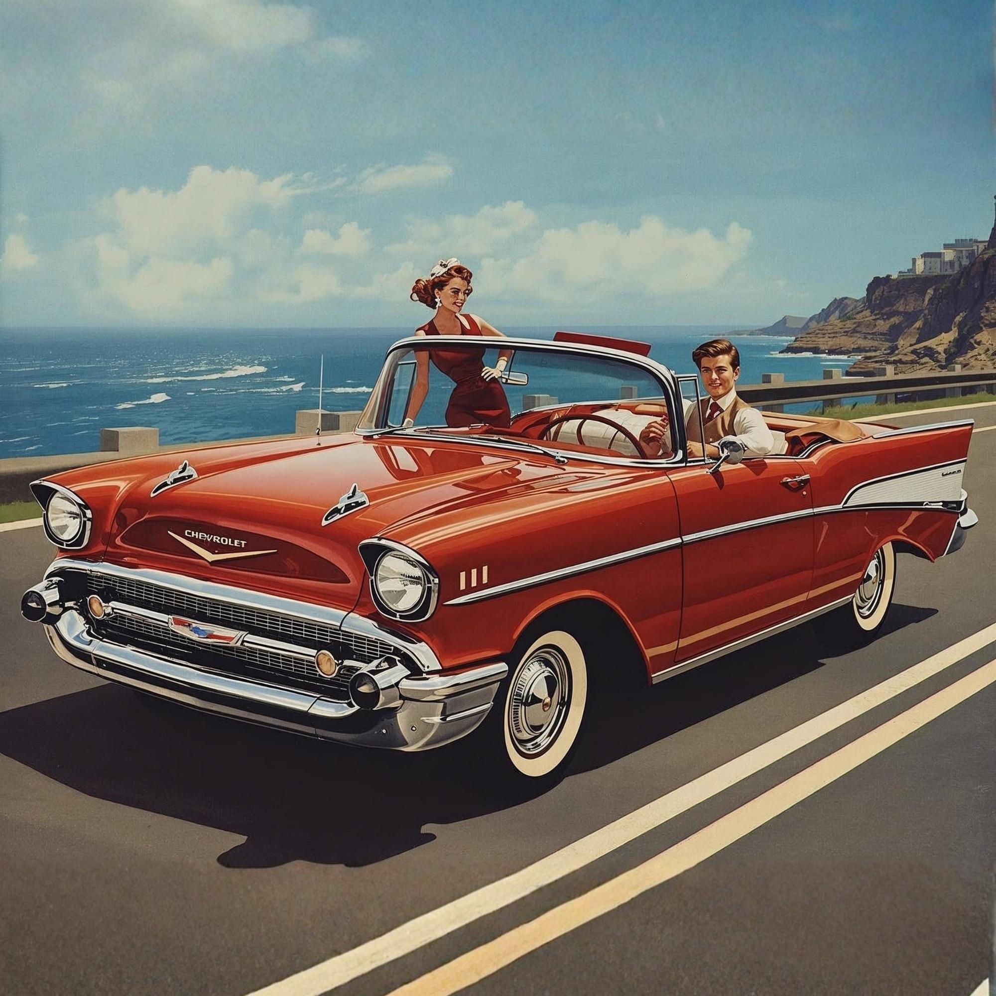 1950s Couple in 1957 Chevy Bel Air Convertible Vintage Retro Car Wall Art Printable Classic Americana Photography Digital Download