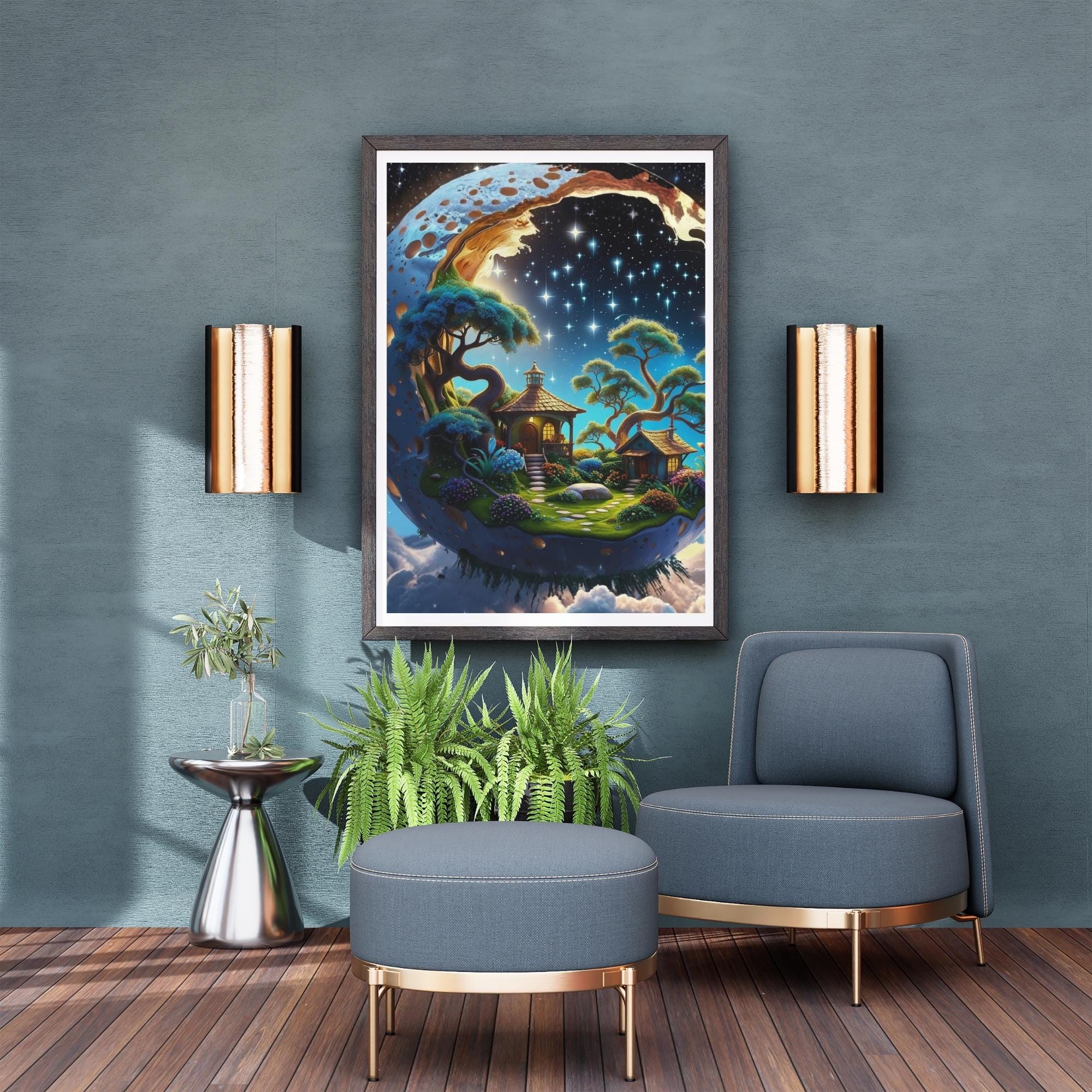 Fantasy Landscape Luminous Moon Wall Art Printable Celestial Dreamscape Magical Night Sky Home Decor Digital Download